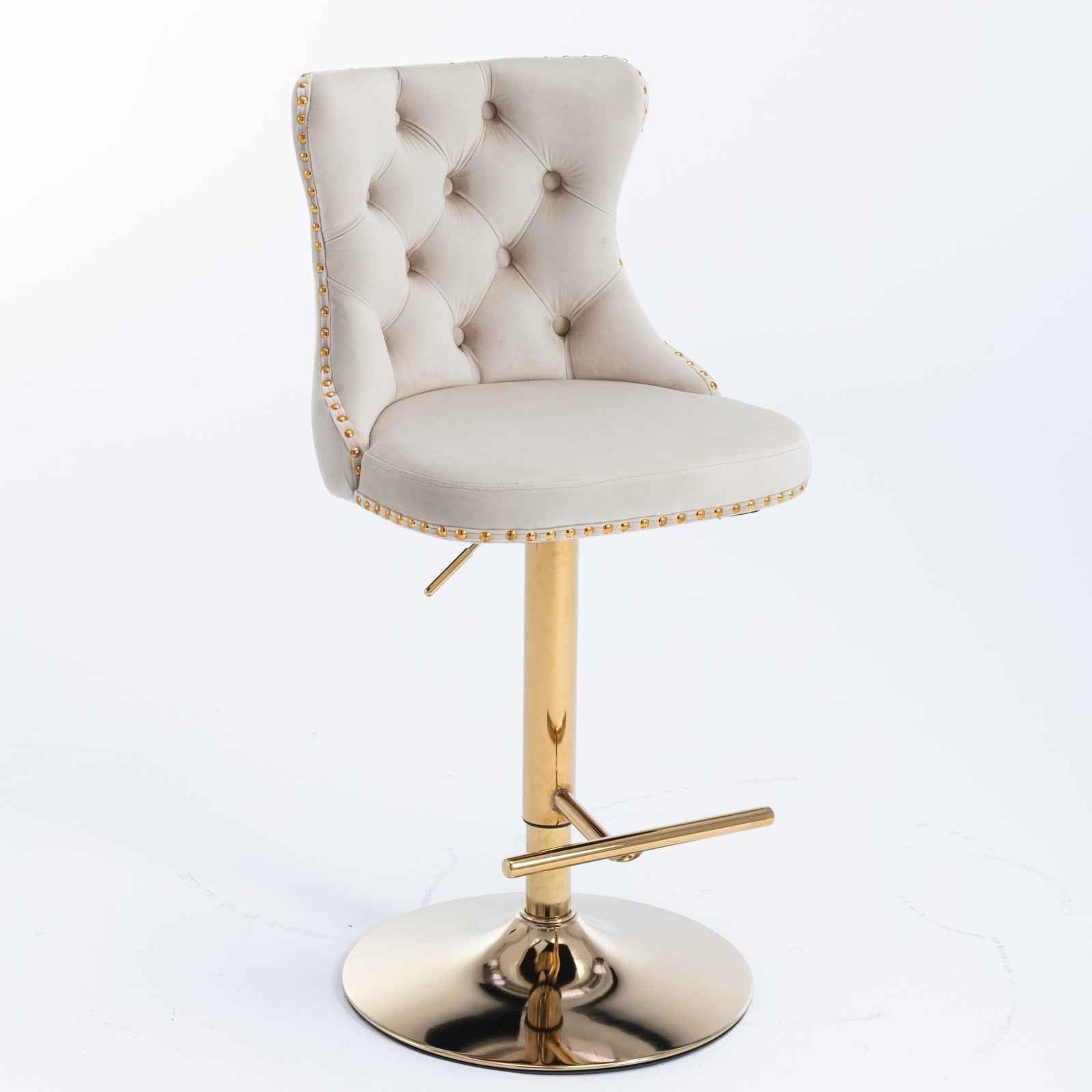 A&A Furniture,Golden Swivel Velvet Barstools Adjusatble Seat Height from 25-33 Inch,Modern Upholstered Bar Stools with Backs Comfortable Tufted for Home Pub and Kitchen Island,Beige,Set of 2