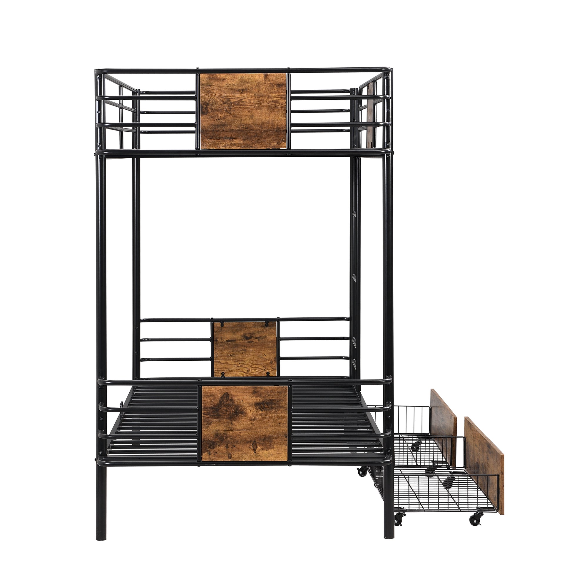 Twin XL over Twin XL Metal Bunk Bed with MDF Board Guardrail and Two Storage Drawers,Black - Abrihome