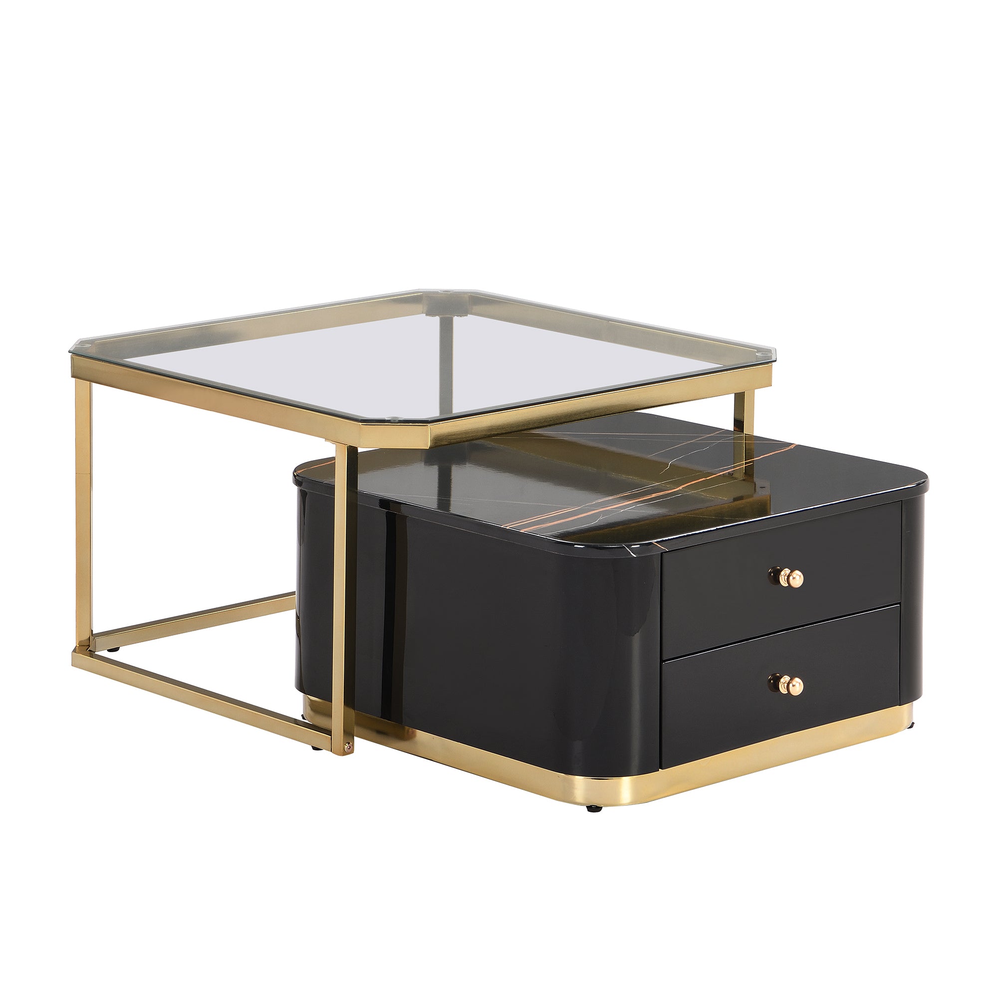 Modern 2 Pieces Black  Square Nesting  Coffee Table with Drawers & Electroplated gold legs in 27.6''