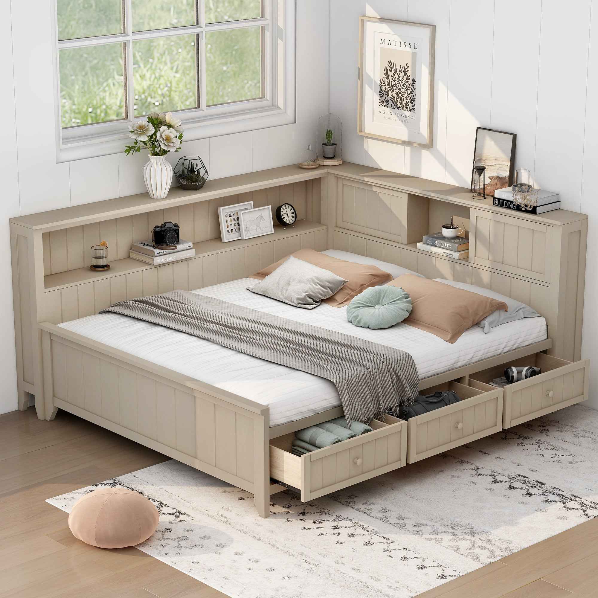 Full Size Wood Daybed with Storage Shelves and 3 Drawers in Antique White Milk Finish, Solid Pine Wood+MDF