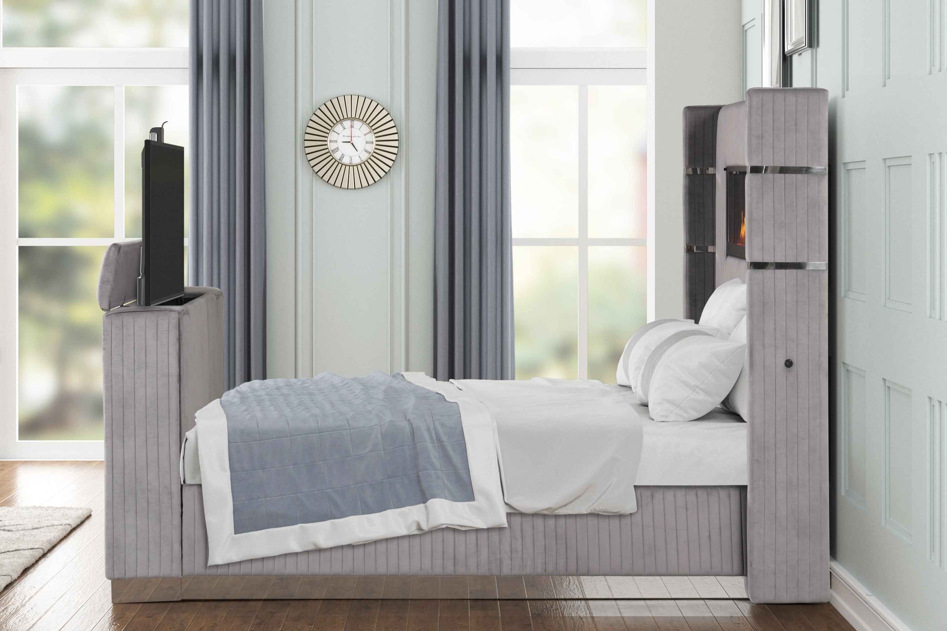 Lavish Modern Style Queen Bed Made with Fireplace in Headboard & TV stand in Footboard with Wood in Grey (NJ Inventory)