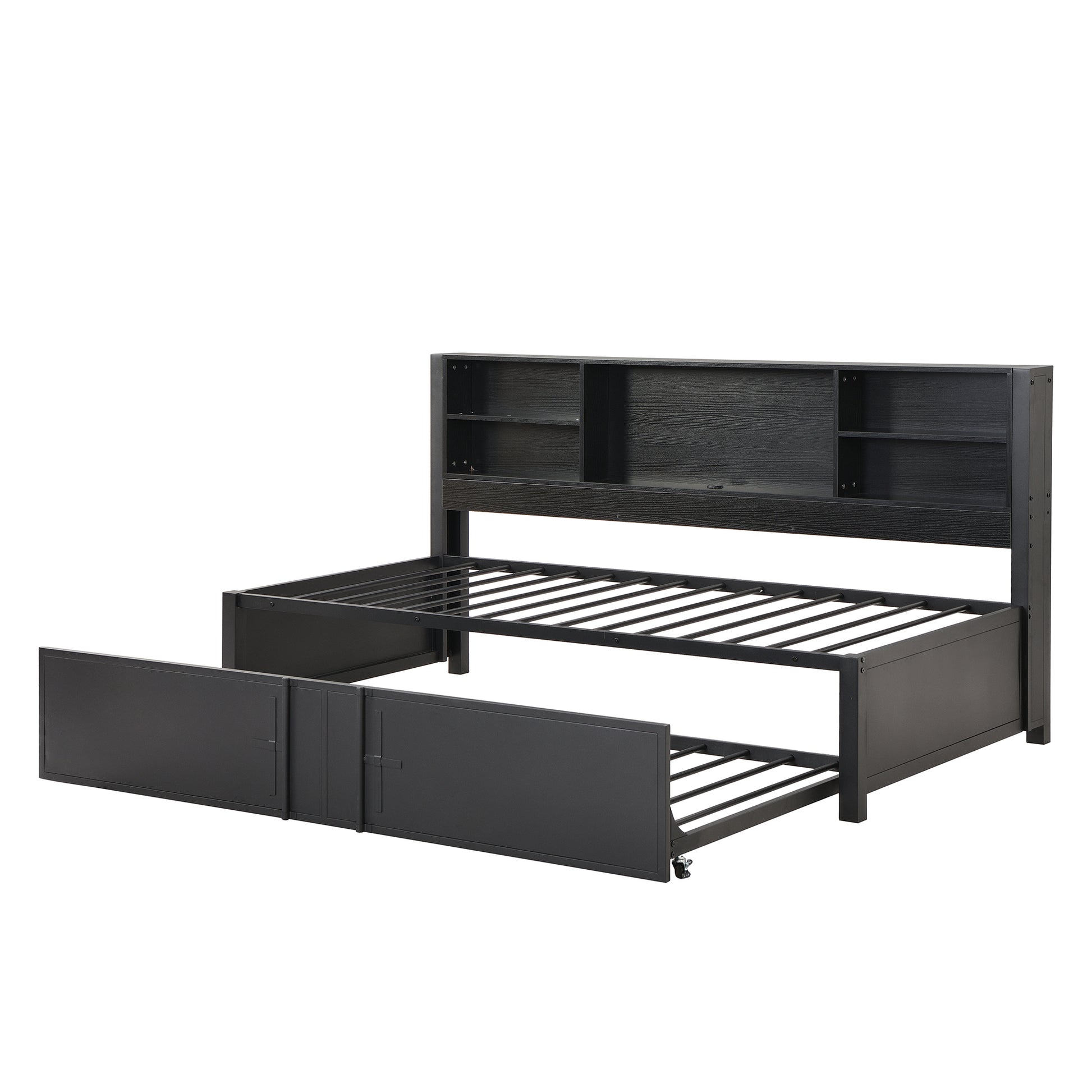 Metal Twin Size Daybed with Twin Size Trundle, Storage Shelves and USB Ports, Black - Abrihome