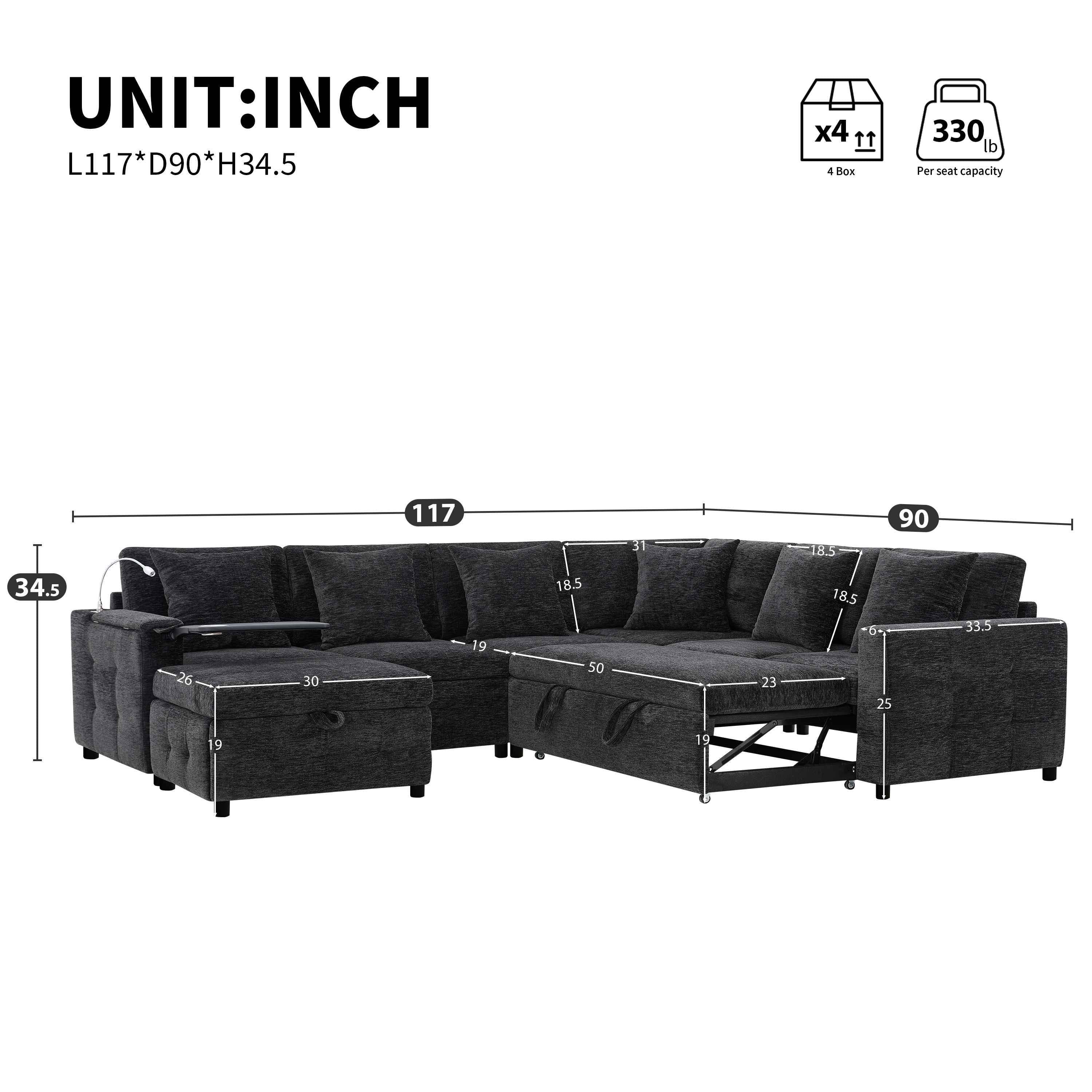 117*90'' Modular Sectional Pull-out Sofa Bed with Flip-up Table Panel, Reading Lamp, Charging Ports, Storage Ottoman, Tufted Design, 6 Pillows, Oversize & Free Combination, Chenille, 2 colors