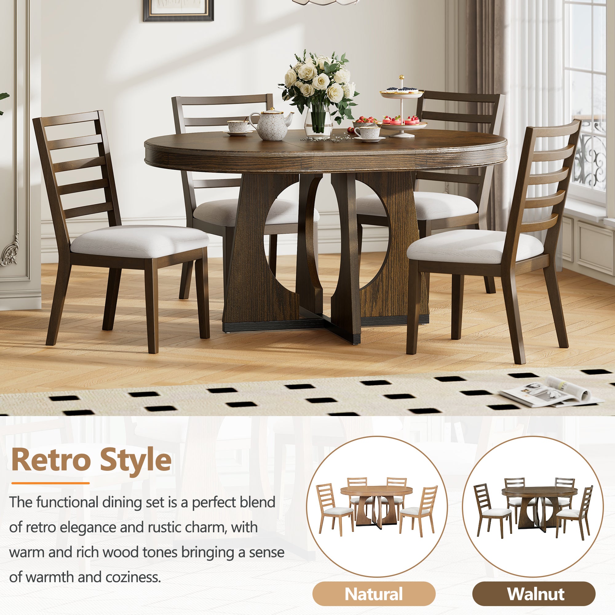 TREXM 5-Piece Retro Rustic Functional Dining Set Unique Geometric Design, 1 Extendable Table with a 16-inch Leaf and 4 Upholstered Chairs Ideal for Dining Room and Kitchen (Walnut)