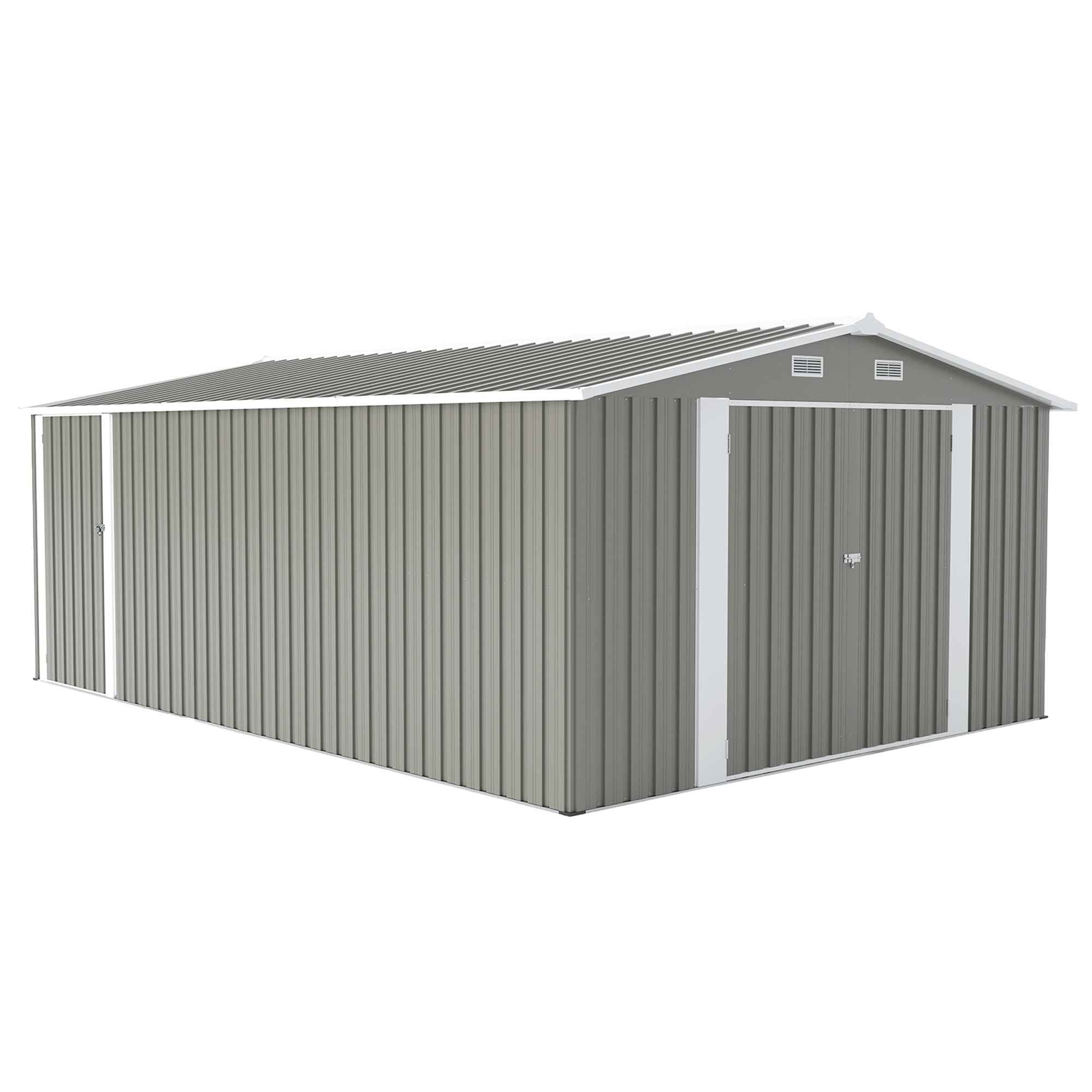 Campcraft  Outdoor Storage Shed 10×14 FT with 3 Lockable Doors,4 Air Vents & Sloped Roof,Utility Tool Shed Metal Storage Garden Sheds  Frame and 4 Vents,for Backyard,Patio,Lawn,Light Grey