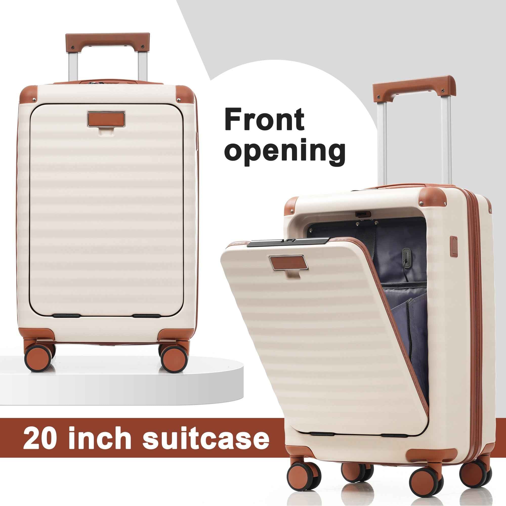 Luggage Sets 5 Piece with Front Opening , Hardside Expandable Carry on Suitcase with Spinner Wheels TSA Lock USB Port  Cup Holder Duffel Bag and Toiletry Bag