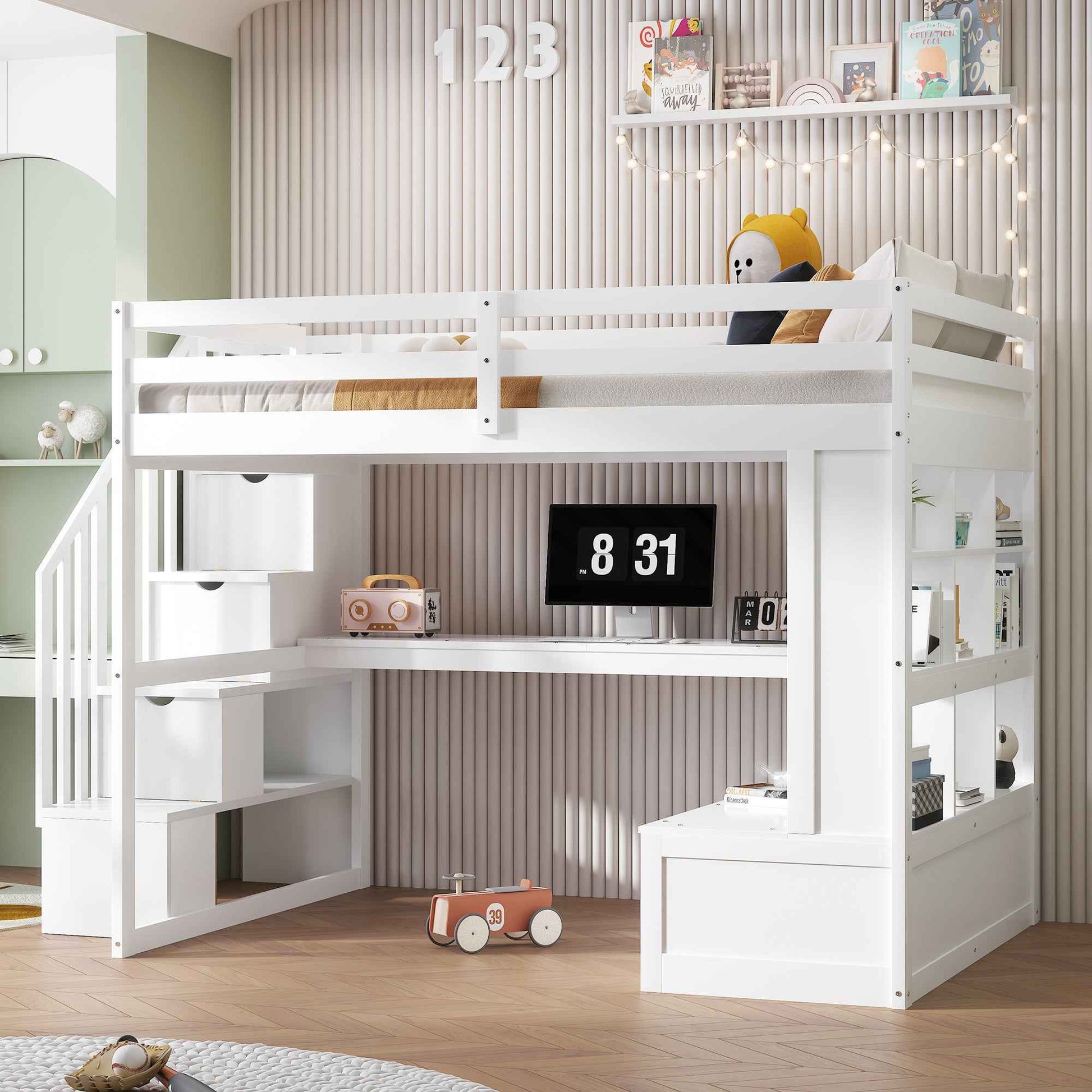 White Full Size Loft Bed with Built-in Desk, Shelves, Two Drawers, Storage Staircase, Solid Pine Wood and MDF