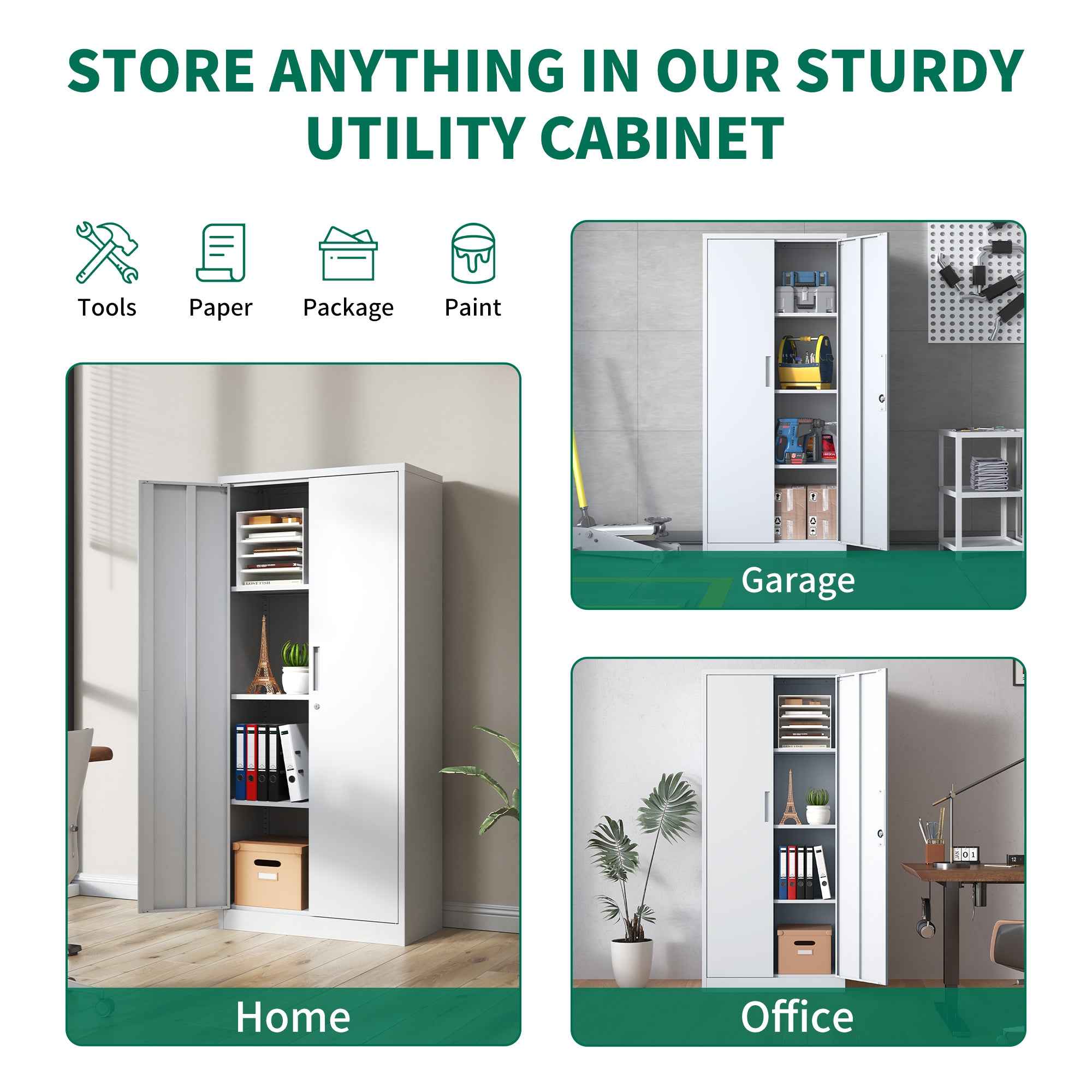Heavy Duty Metal Garage Storage Cabinet, White Steel Locking Cabinet with Adjustable Shelves, 71'H