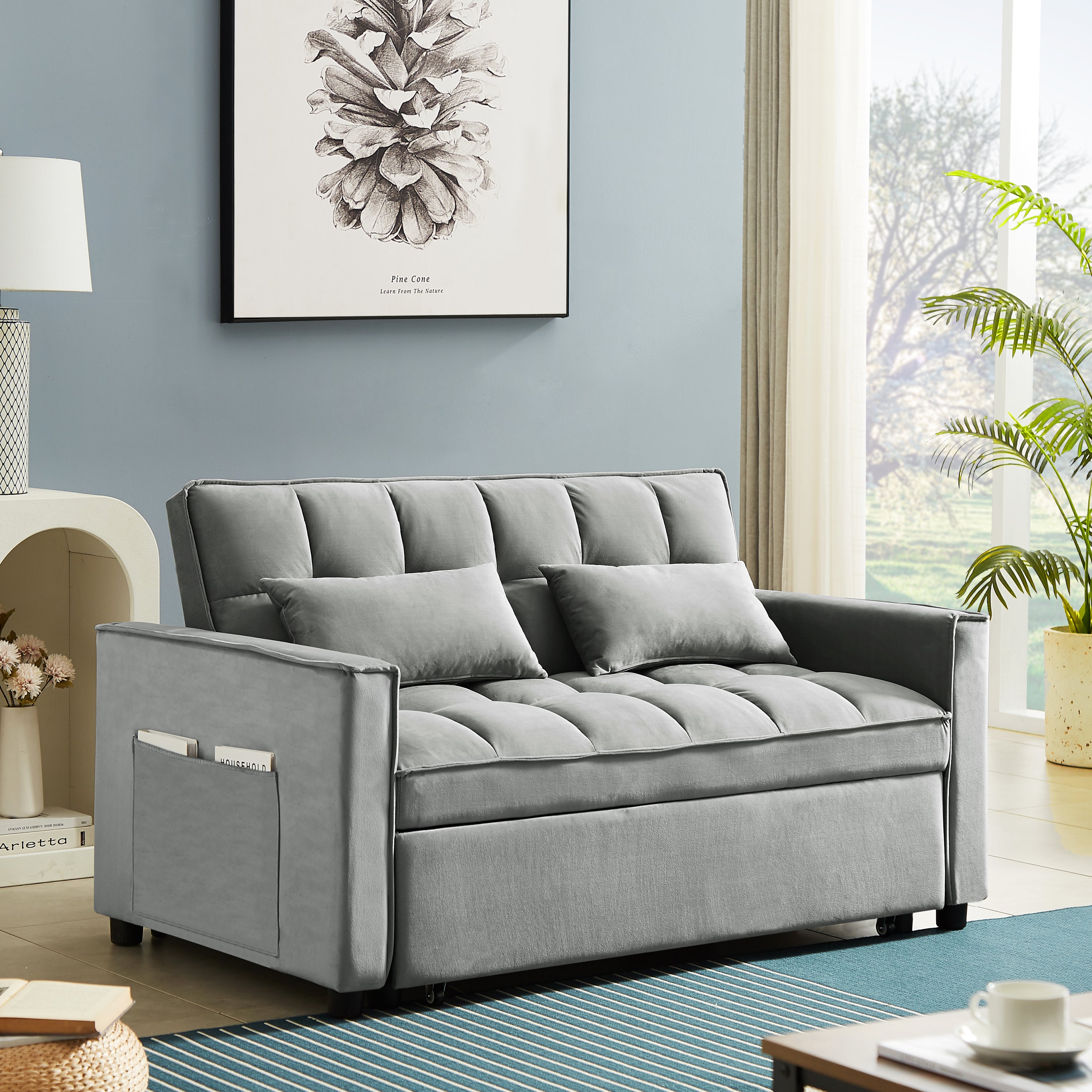 Modern Velvet Convertible Loveseat Sleeper Sofa Couch with Adjustable Backrest, 2 Seater Sofa With Pull-Out Bed with 2 Lumbar Pillows For Small Living Room & Apartment