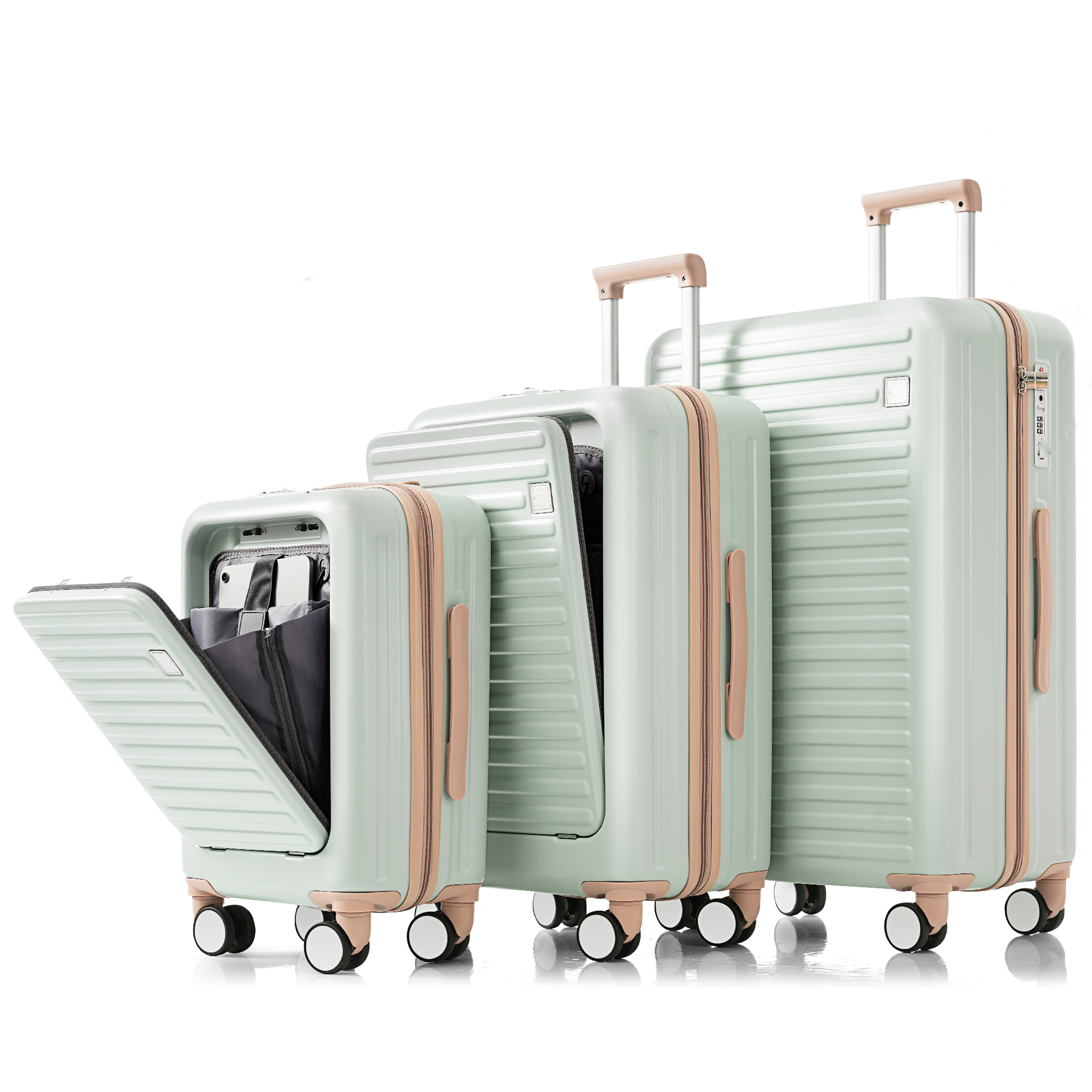 Luggage Set of 3, 20, 24, 28inch with USB Port, 20, 24inch with front opening design Airline Certified Carry on Luggage with Cup Holder, ABS Hard Shell Luggage with Spinner Wheels, grey green