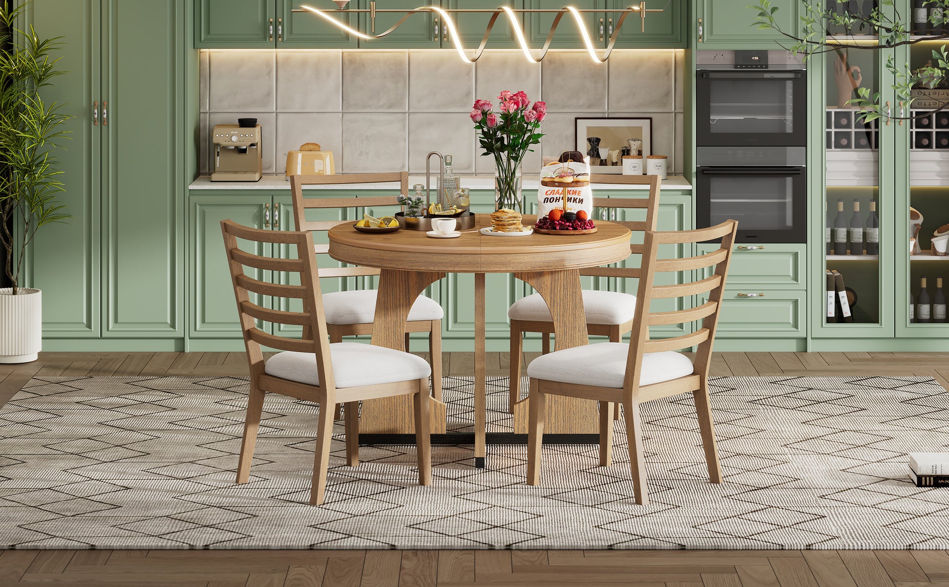 TREXM 5-Piece Retro Rustic Functional Dining Set Unique Geometric Design, 1 Extendable Table with a 16-inch Leaf and 4 Upholstered Chairs Ideal for Dining Room and Kitchen (Natural) - Abrihome