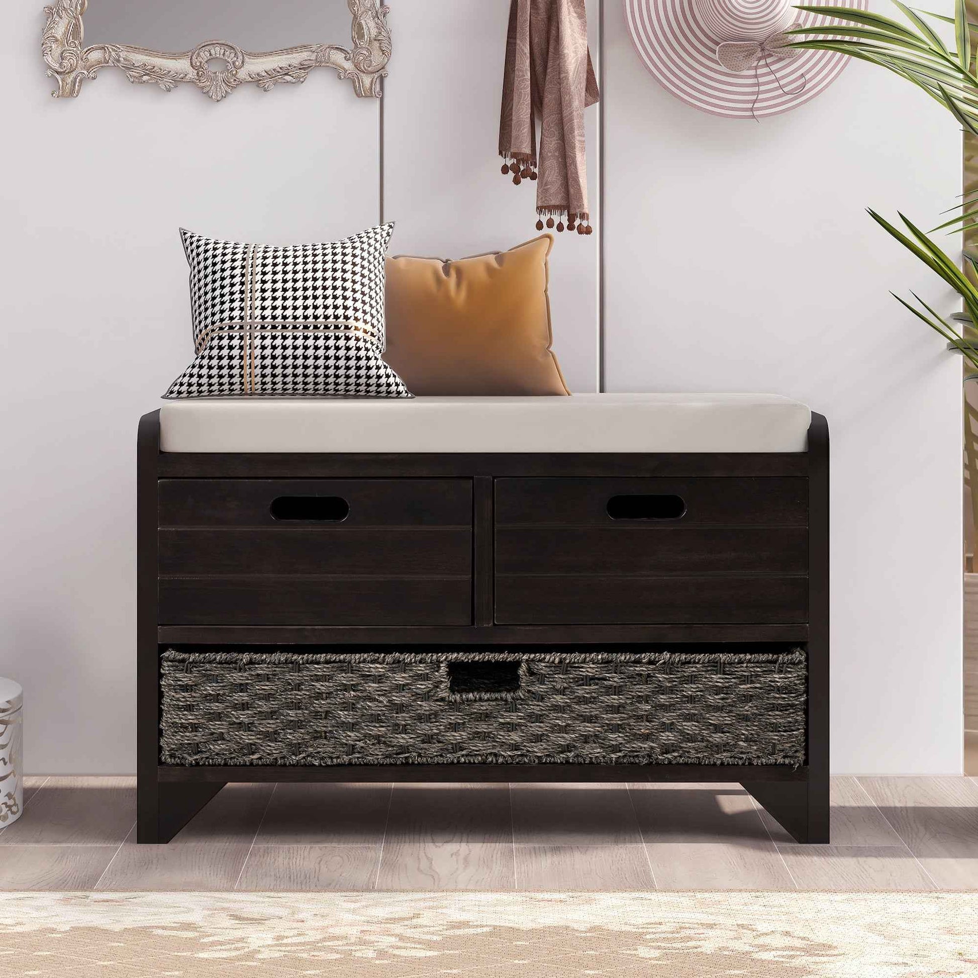 TREXM  Storage Bench with Removable Basket and 2 Drawers, Fully Assembled Shoe Bench with Removable Cushion (Espresso)