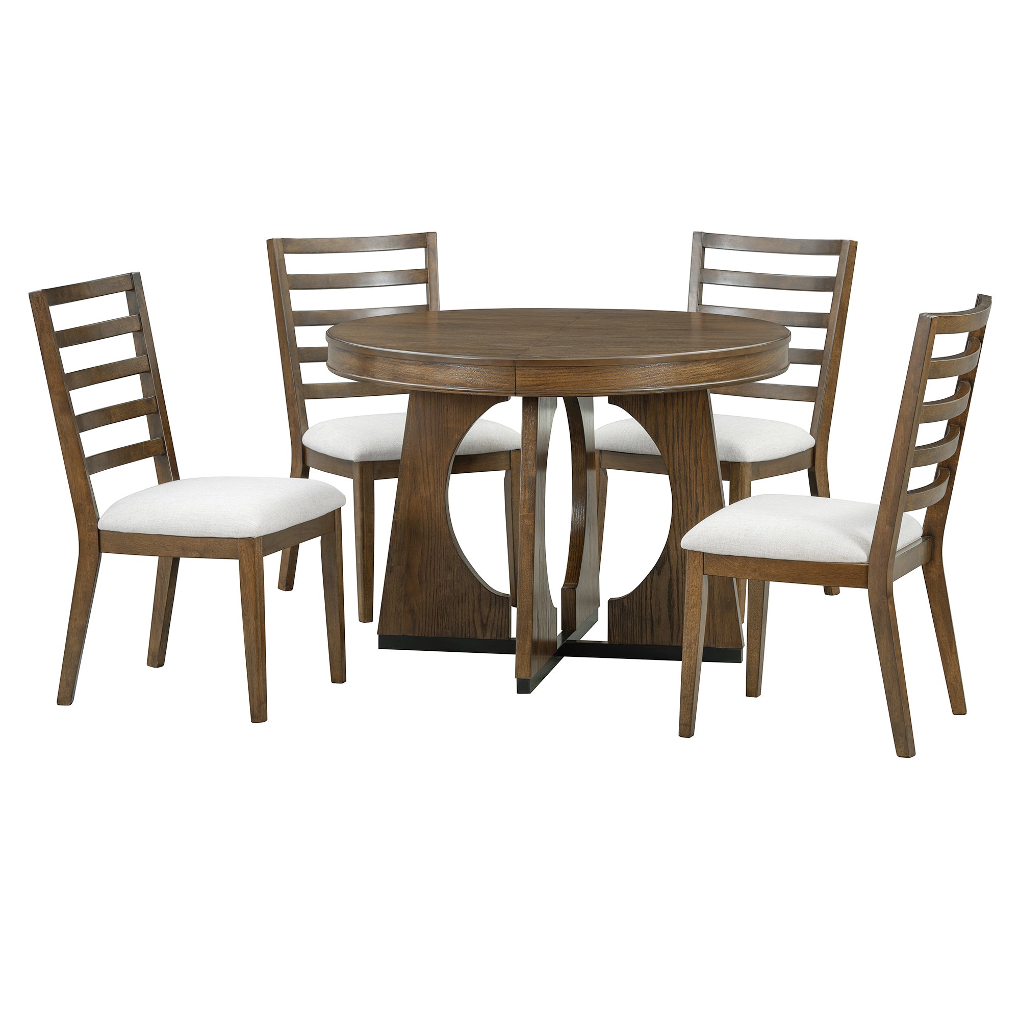 TREXM 5-Piece Retro Rustic Functional Dining Set Unique Geometric Design, 1 Extendable Table with a 16-inch Leaf and 4 Upholstered Chairs Ideal for Dining Room and Kitchen (Walnut)