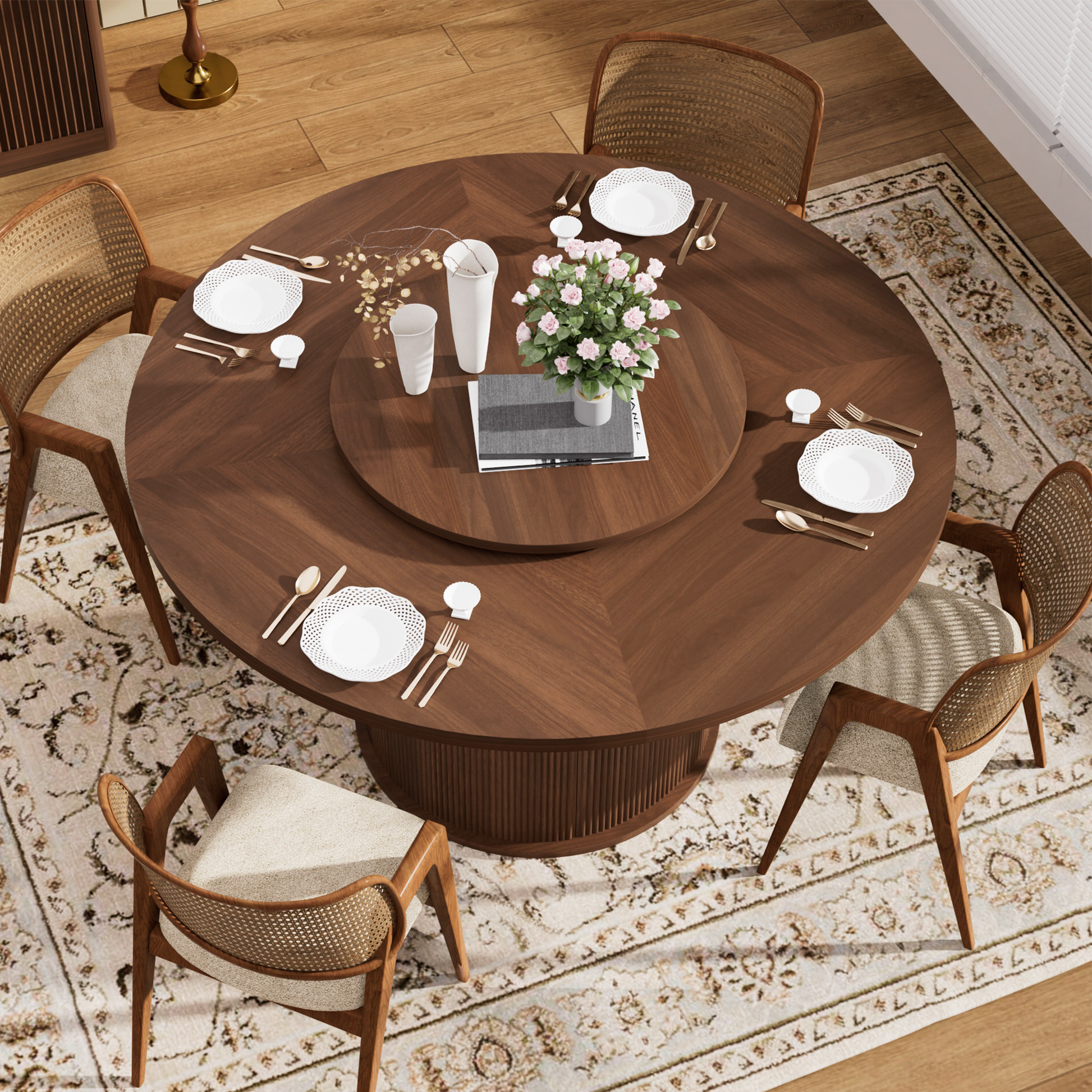 55-inch round dining table for six, featuring a double-tiered storage rack and a rotating tabletop tray. Wooden wavy-striped sliding doors. Ideal for home dining room living room (Walnut).