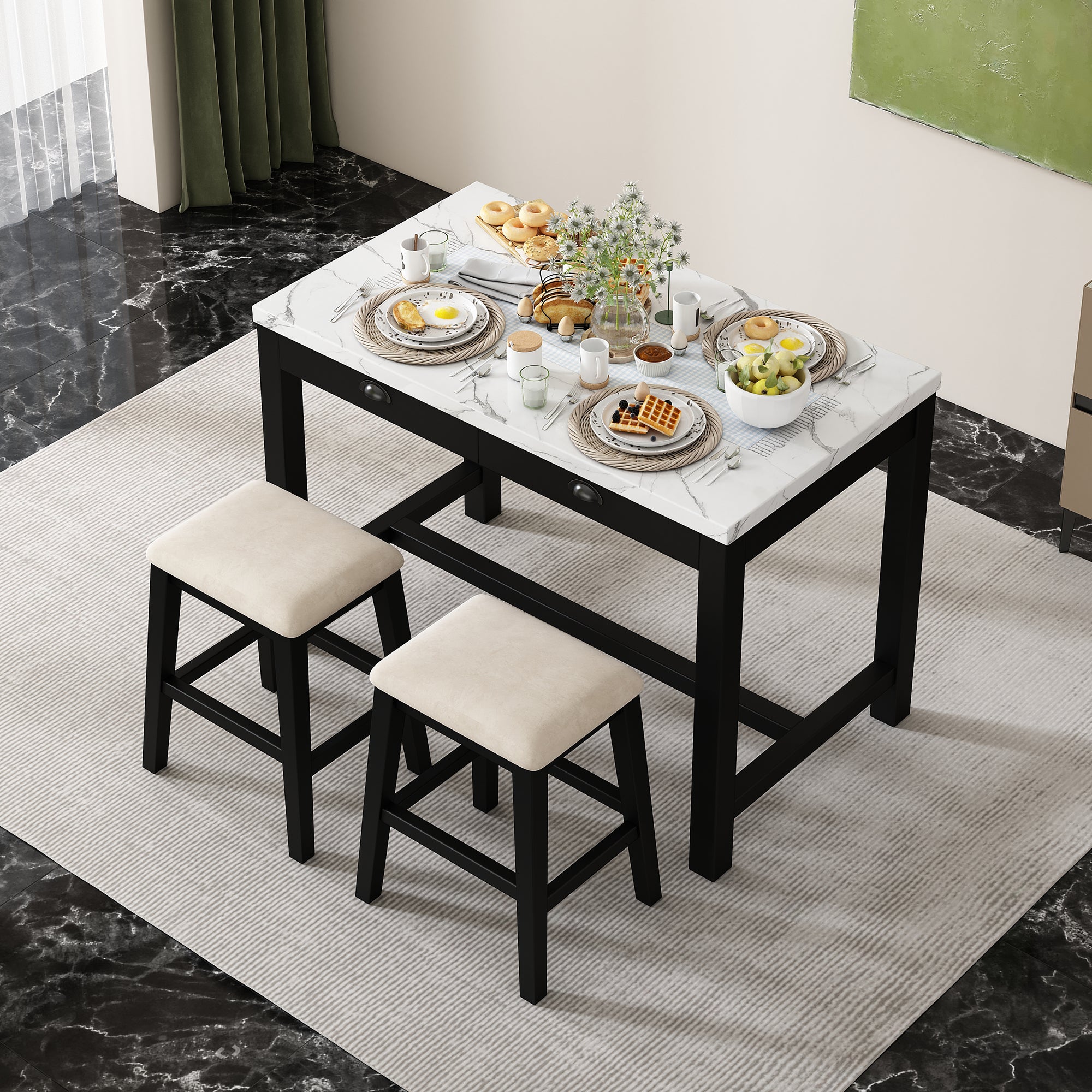 TREXM 3-Piece Modern Faux Marble Versatile Bar Table Set with Storage Drawers and Padded Stools, Ideal for Space-Saving Dining Nooks or Small Kitchens (Black)