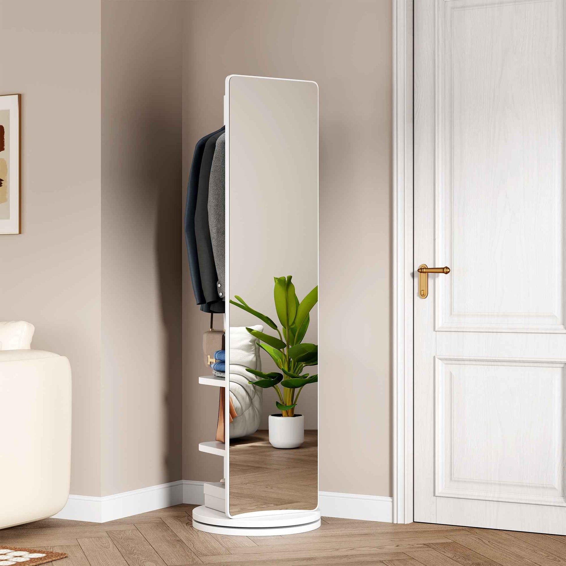 360° Rotating 69'x20' Multifunctional Full Length Mirror with Hook Storage Rack Coat Rack with Mirror Solid Wood Floor Mirror Bedroom Living Room Cloakroom Space Saving (white)