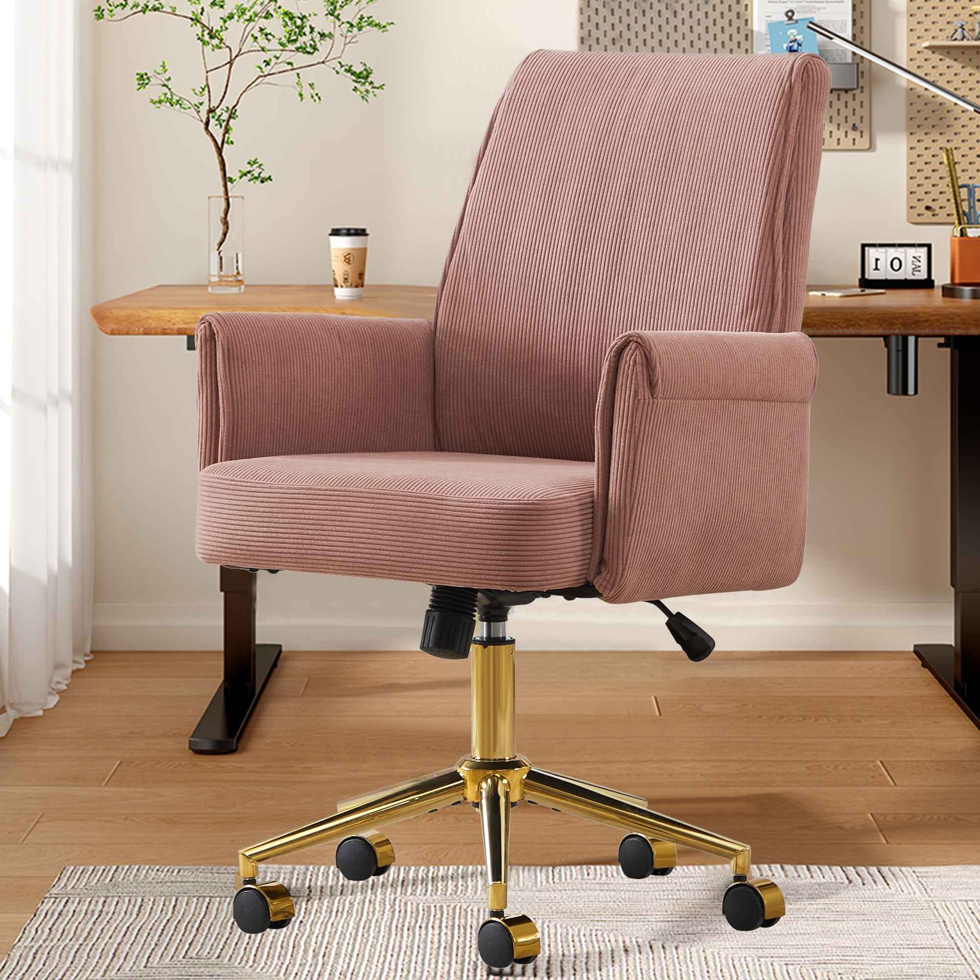 Ergonomic Mid-back Office Chair with Striped Velvet Fabric, Light Pink, Gold Metal Base, 25.2 x 24.0 x 41.9 Inches