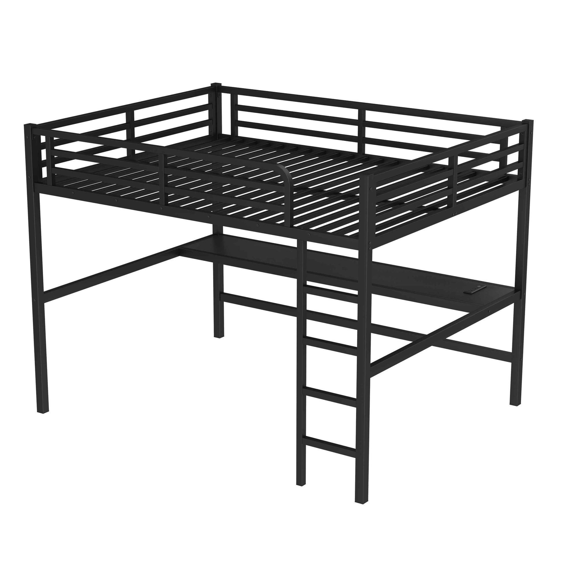 Metal Queen Size Loft Bed with Power Outlet and LED Lighted, Space-Saving, Noise Reduced, Black