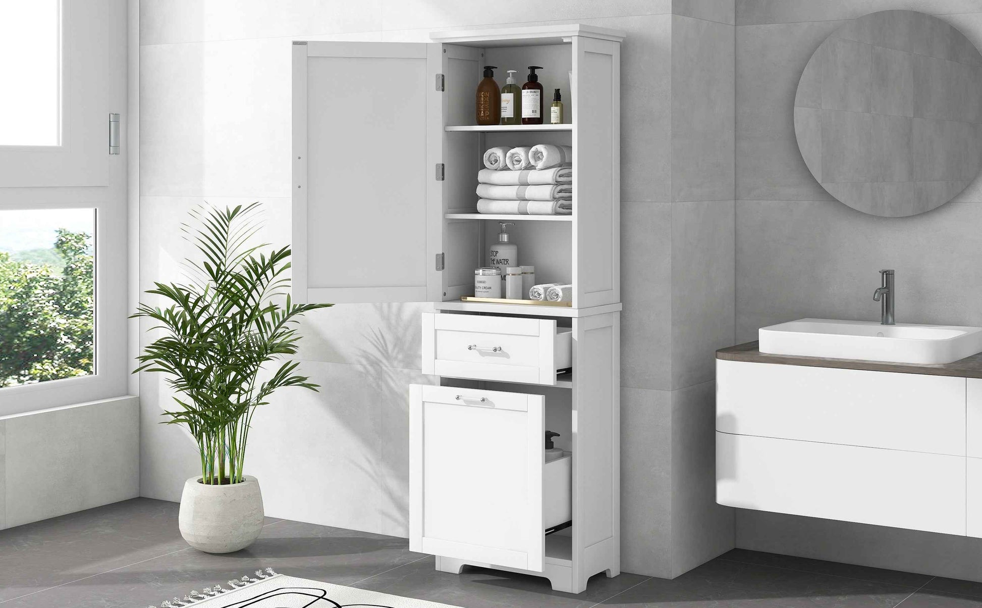 Tall Bathroom Storage Cabinet, Freestanding Storage Cabinet with Two Different Size Drawers and Adjustable Shelf, MDF Board with Painted Finish, White (Old Sku:WF312730AAK)