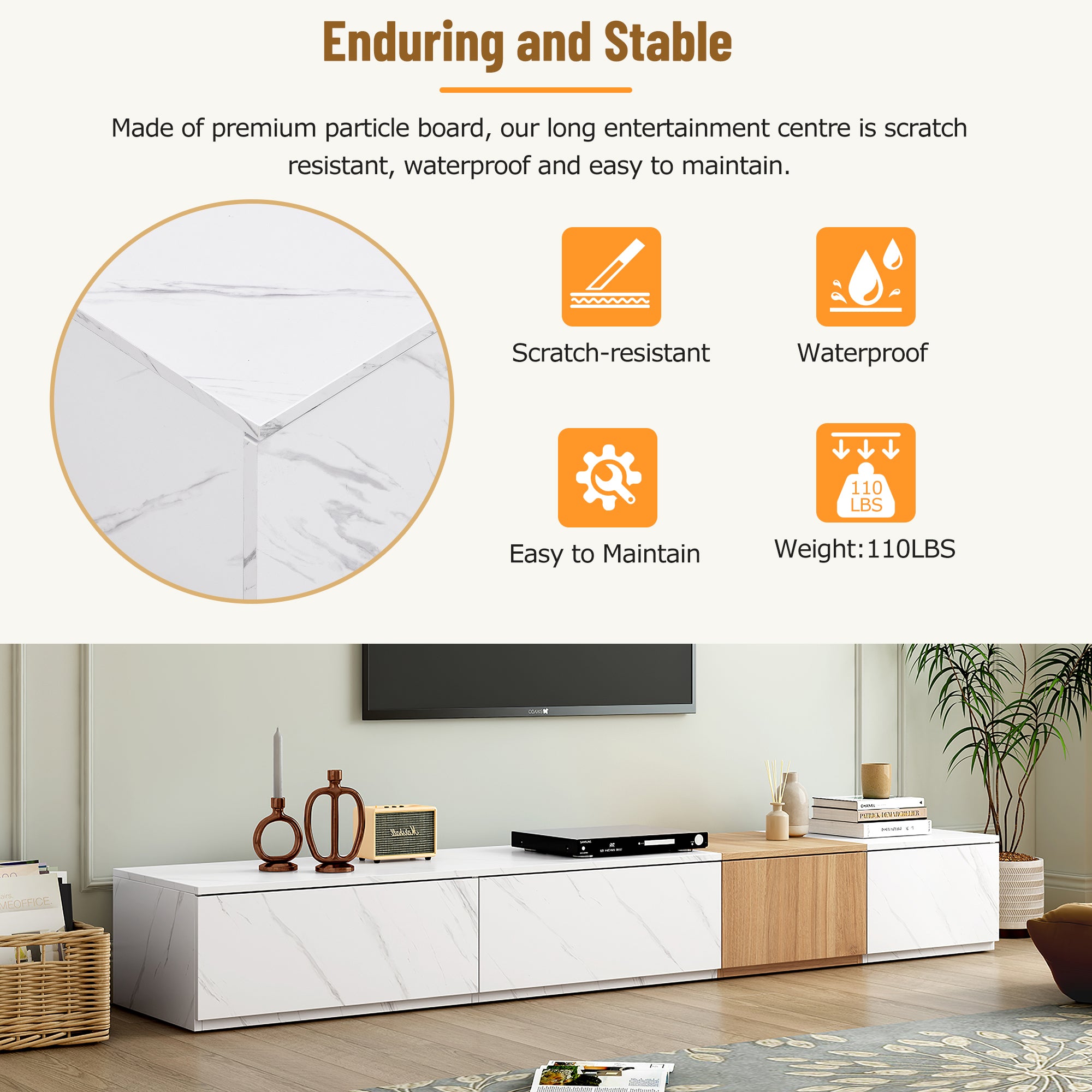 ON-TREND TV Stand with Faux Marble and Walnut Wood Grain Finish for TVs up to 88'', Modern Free-Combination Entertainment Center with 4 Storage Drawers for Living Room, White - Abrihome