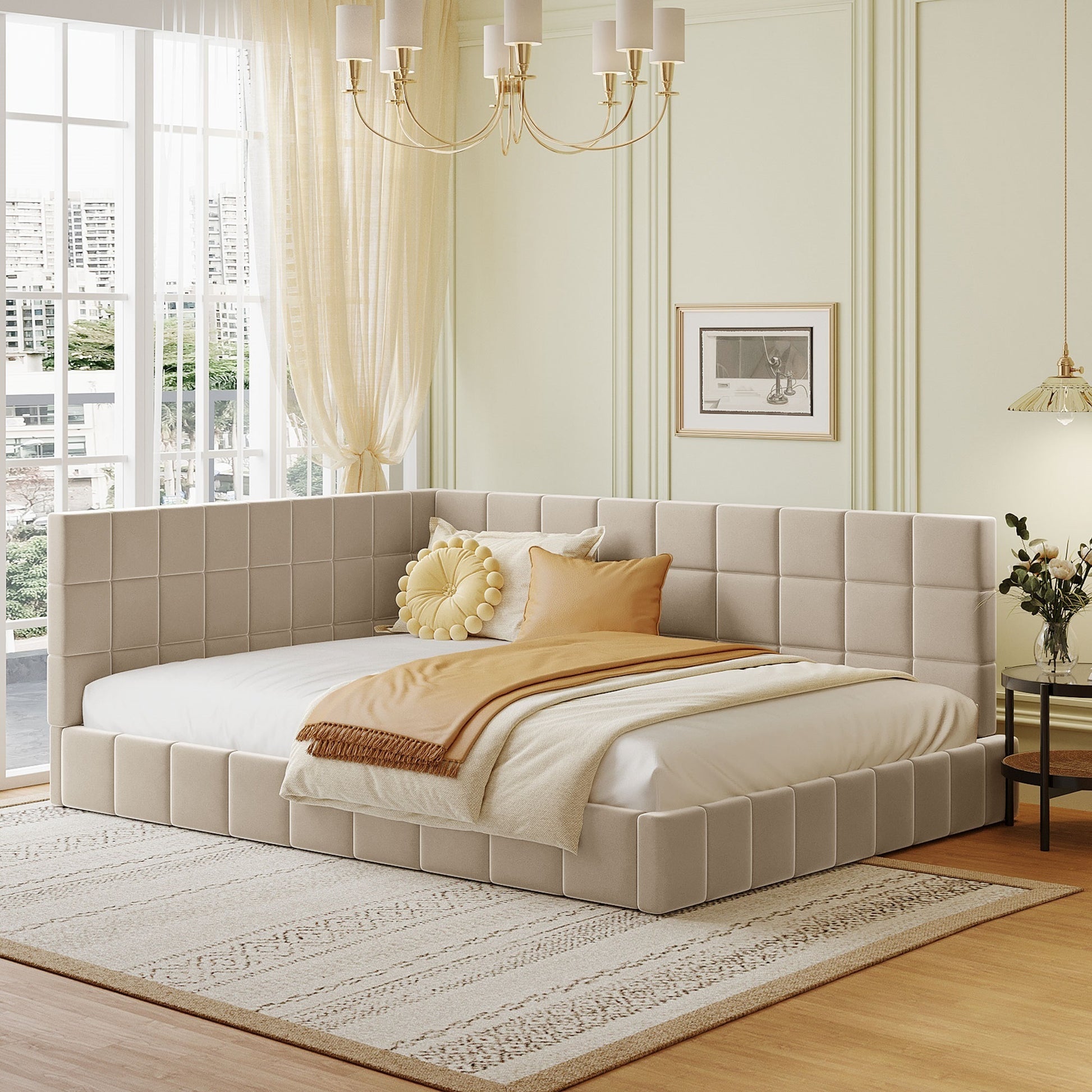 Full Size Upholstered Daybed/Sofa Bed Frame-Beige, Velvet - Abrihome