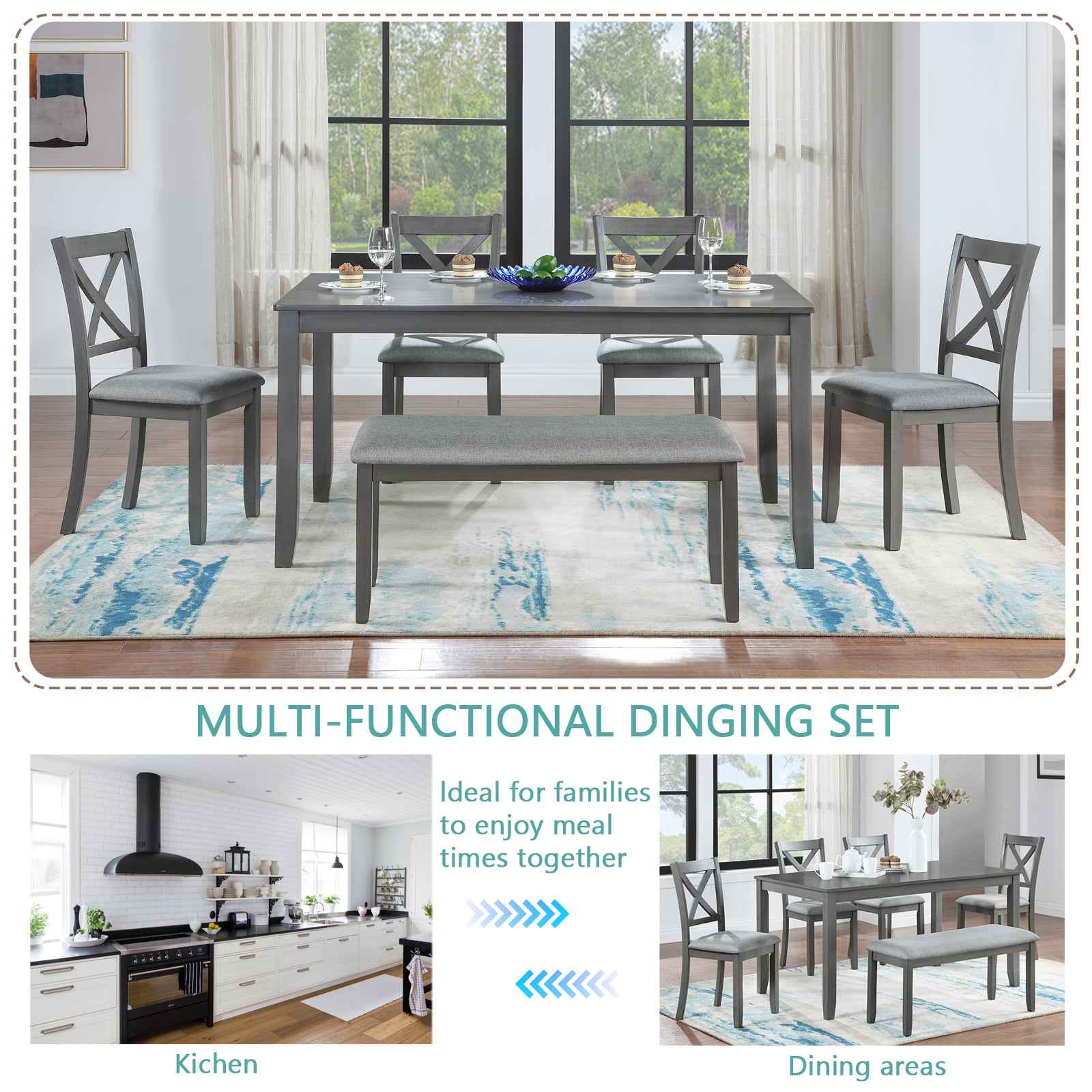 6PCs Kitchen Dining Set, Rectangular Wooden Dining Table with 4 Upholstered Chairs and a Bench, Dining Table Set for 6 People, Living Room, Home Bar and Kitchen, Gray