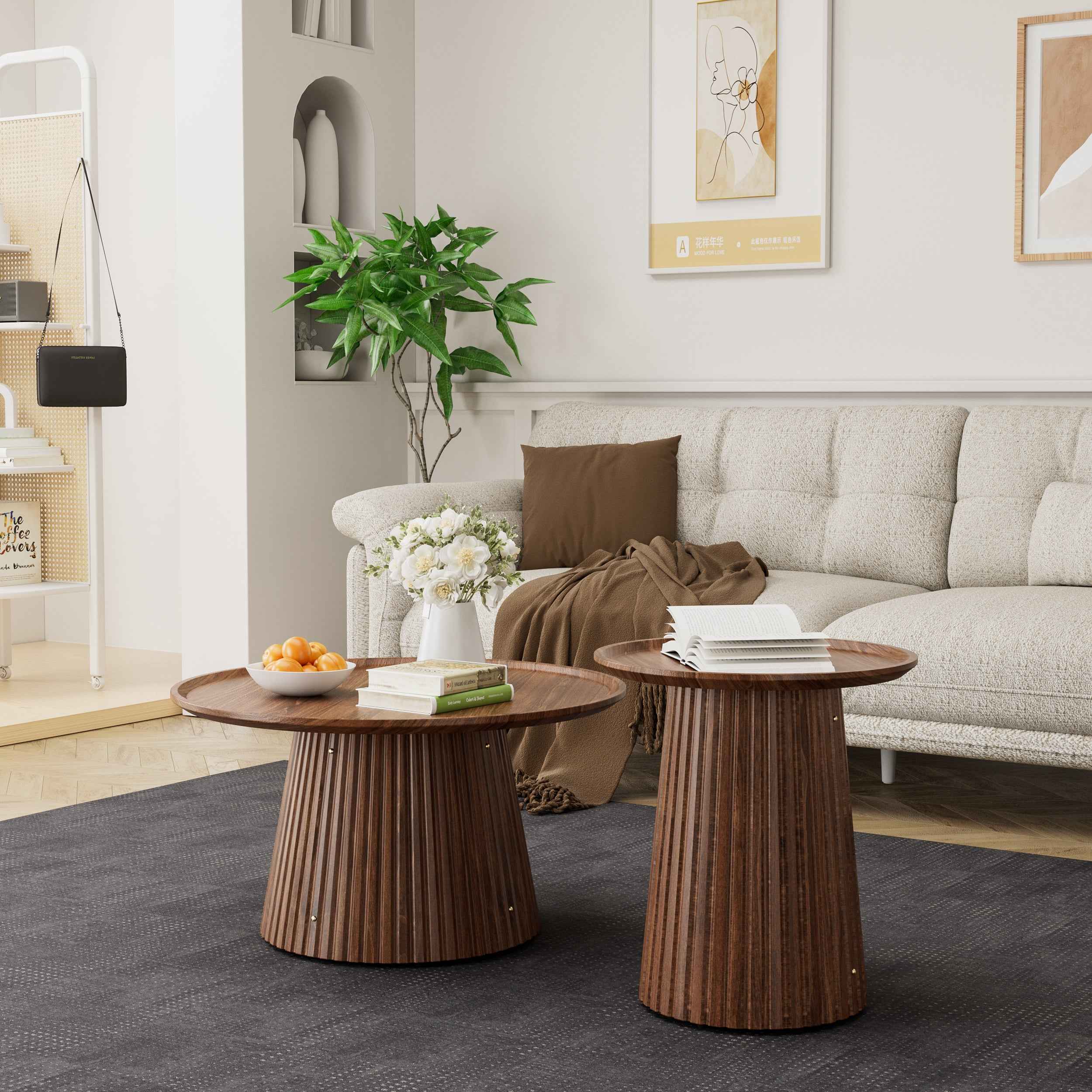 Round Coffee Table Set of 2, Large & Small Wooden Center & Side Tables, Modern Walnut Finish for Living Room & Office