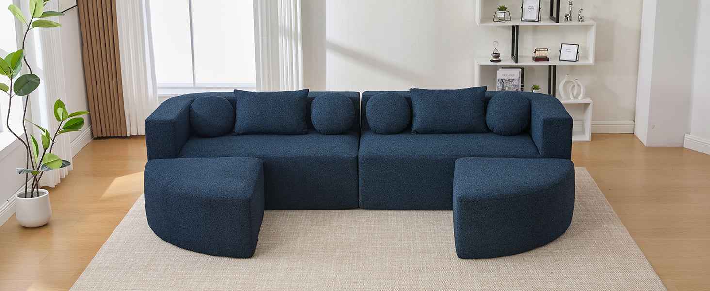 Boneless Couch Modular Sectional Sofa with Deep Seating and Curved Design in Blue Boucle, 114.9 Inches