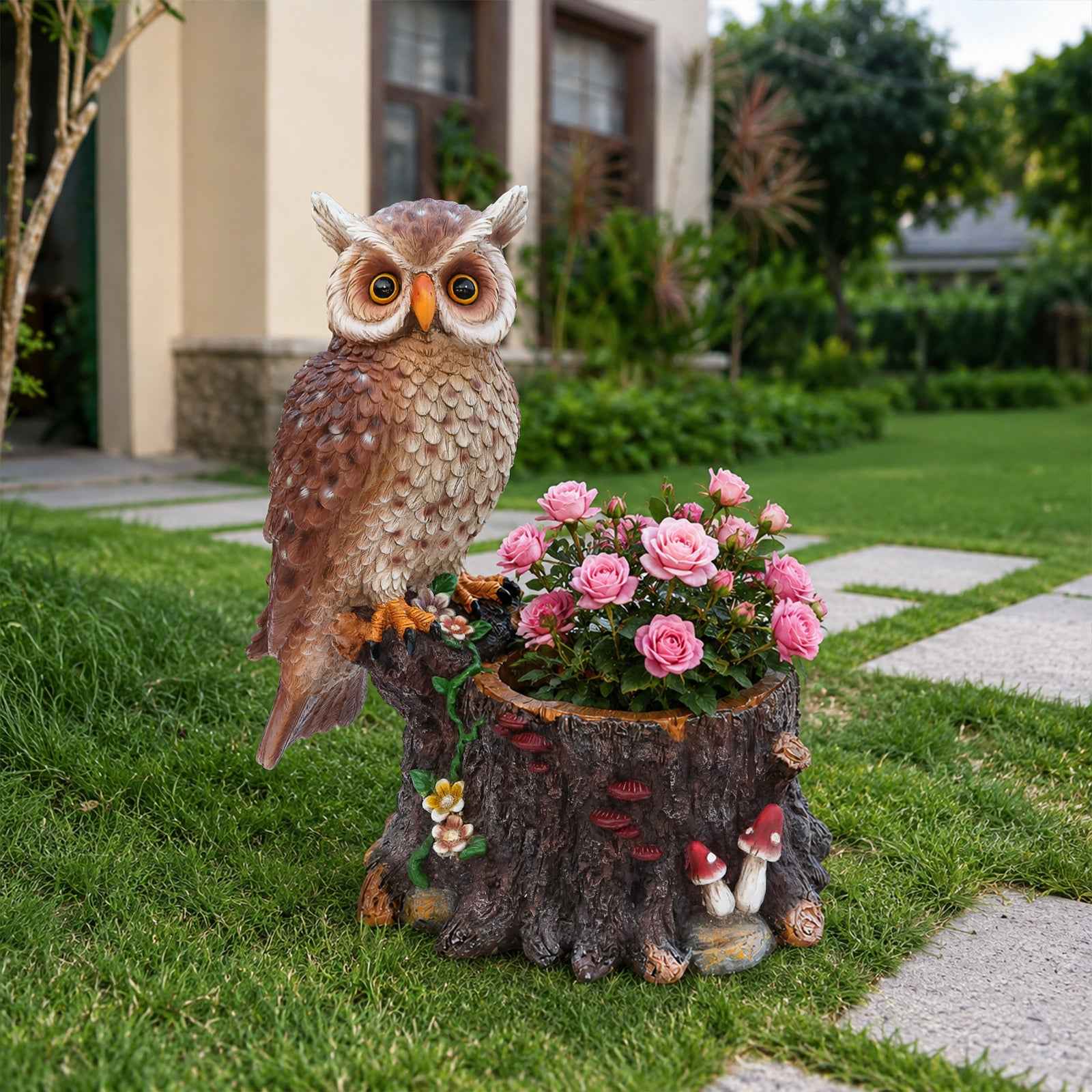 Sitting Owl with Tree Trunk Garden Planter - Rustic Polyresin Owl Figurine and Flower Pot Combo for Outdoor & Indoor Decor
