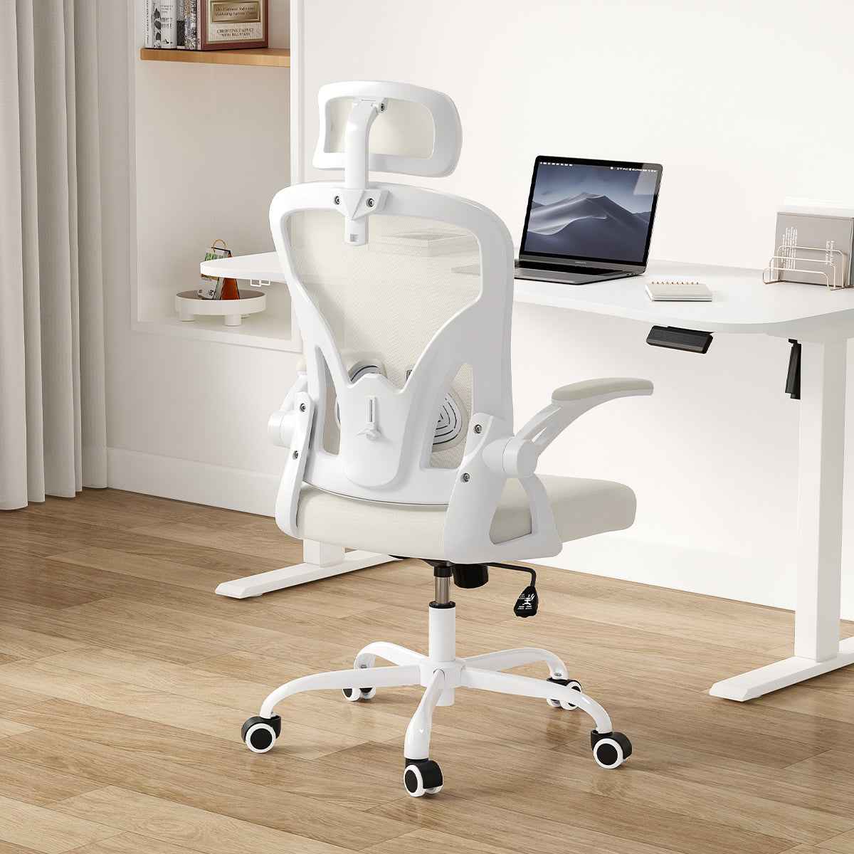 Ergonomic Office Chair, Home Office Desk Chair with Headrest, High Back Computer Chair with Armrests and Adjustable Lumbar Support for Home Office Study Room,White & White