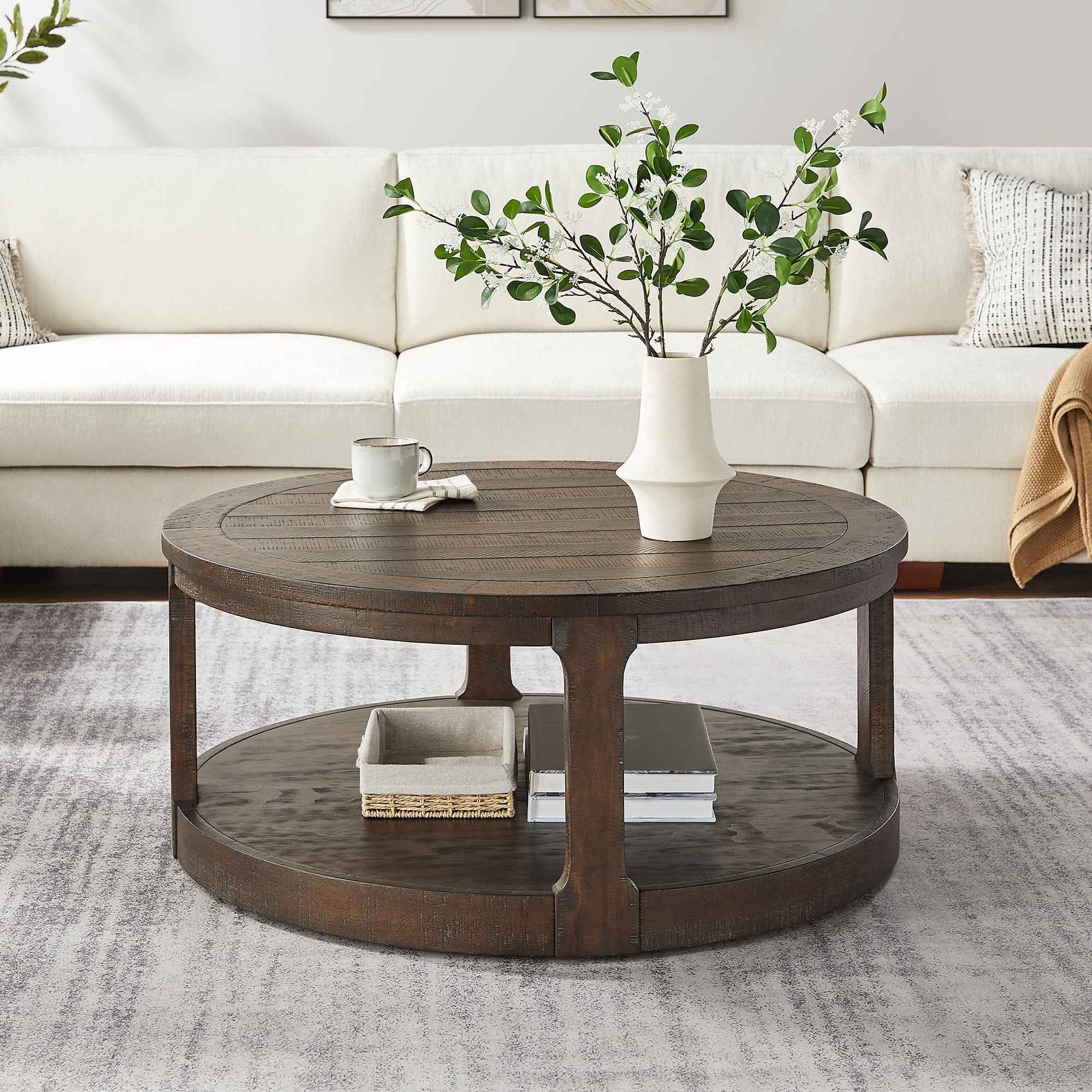 40inch Large Curved 2 Tier Traditional Round Circle Wooden Center Coffee Table,Mid Century Rounded Table with Wheels ,Rustic Style Table for living Room,Office,Apartment,Brown