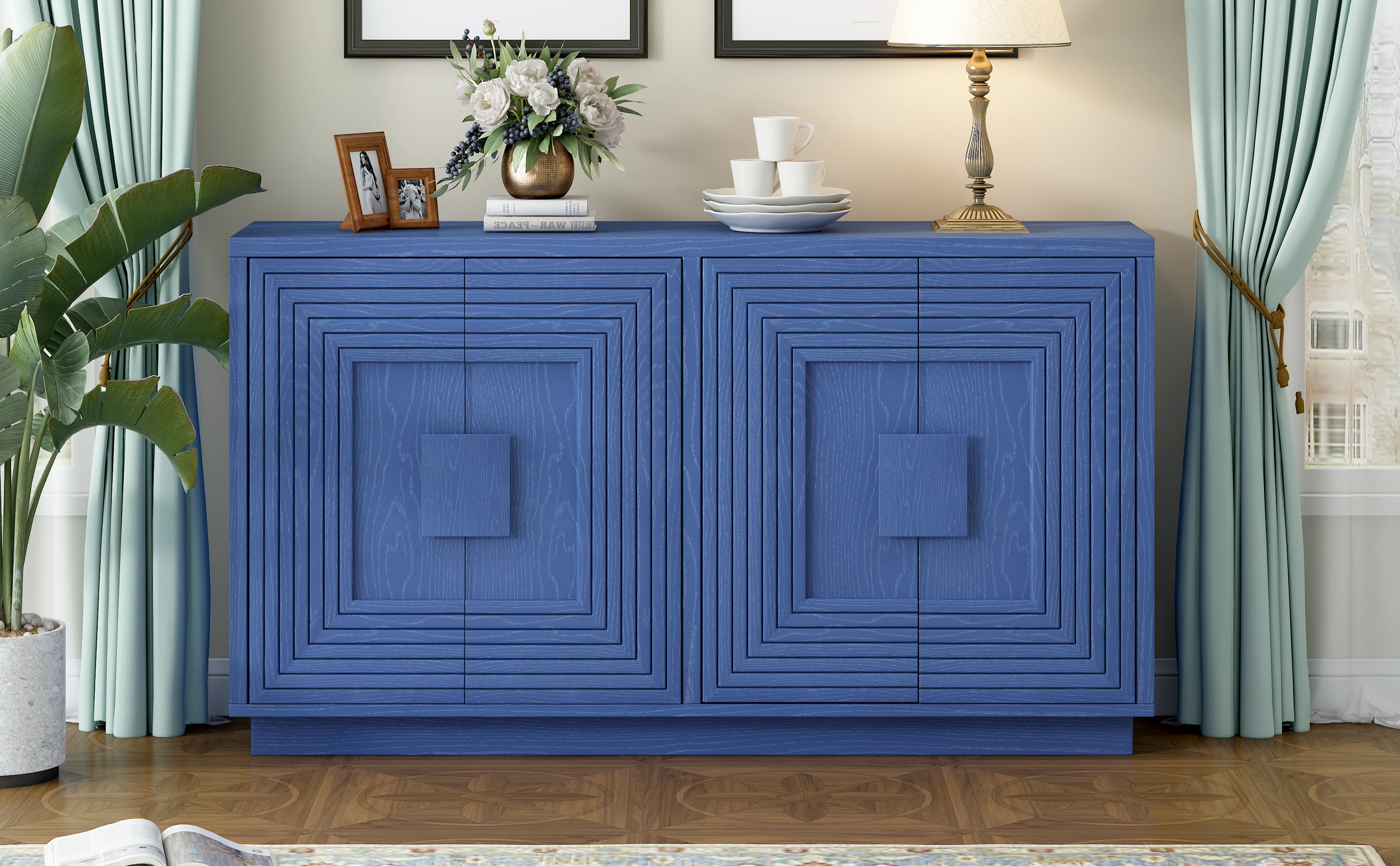 TREXM Vintage Distressed 4-Door Sideboard with Adjustable Shelves and Geometric Pattern for Dining Room, Kitchen and Living Room (Navy Blue)