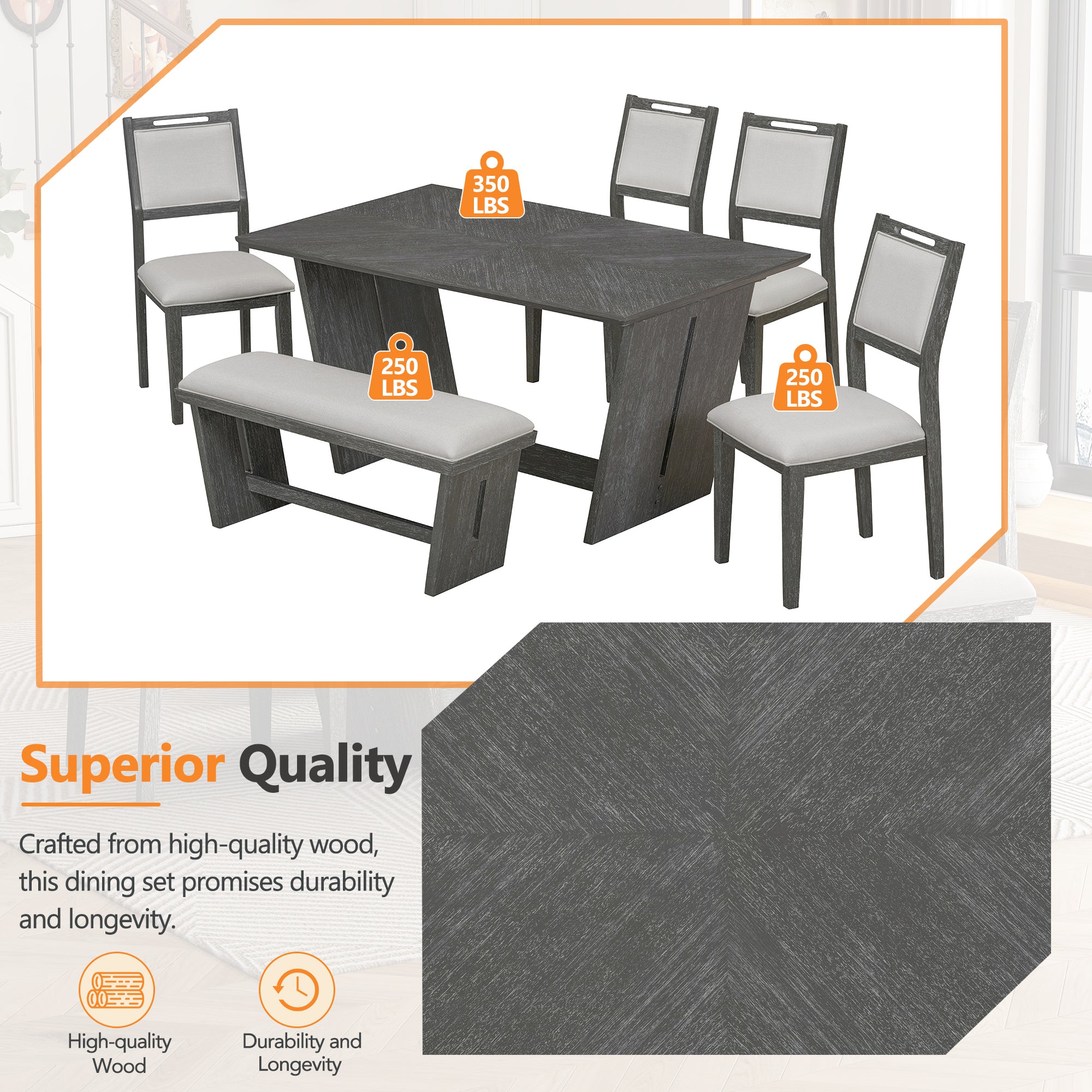 TREXM 6-Piece Retro Dining Set, 1 Rectangular Table with Stable Trapezoidal Table Base and 4 Upholstered Chairs and 1 Bench for Dining Room and Kitchen (Gray)