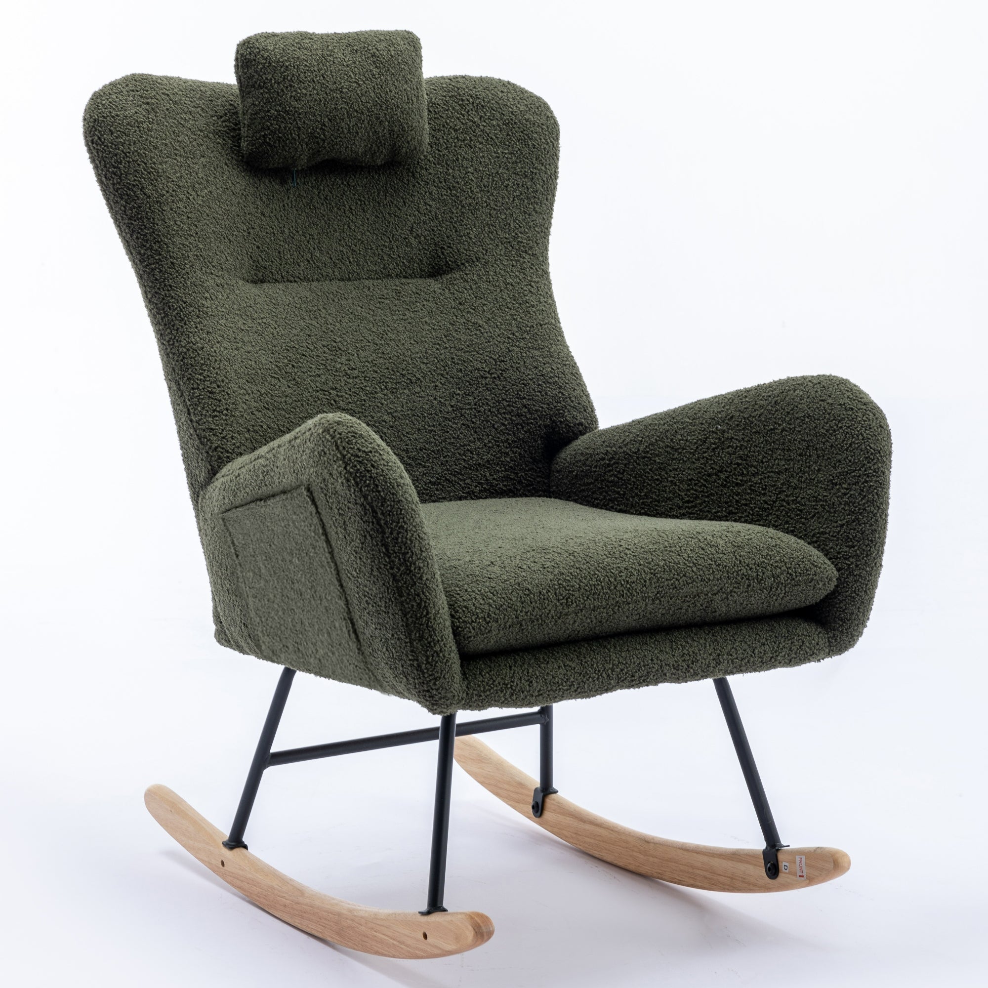 35.5 inch Rocking Chair with Pocket, Soft Teddy Fabric Rocking Chair for Nursery, Comfy Wingback Glider Rocker with Safe Solid Wood Base for Living Room Bedroom Balcony (dark green)