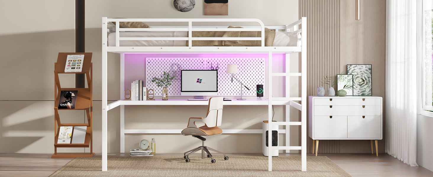 Metal Queen Size Loft Bed with Power Outlet and LED Lighted, Space-Saving, Noise Reduced, White