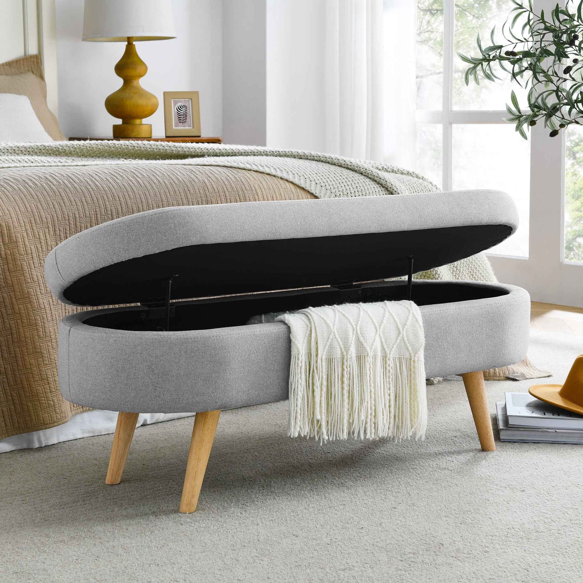 Ottoman Oval Storage Bench with Rubber Wood Legs, Grey Linen, 43.5'x16'x16'