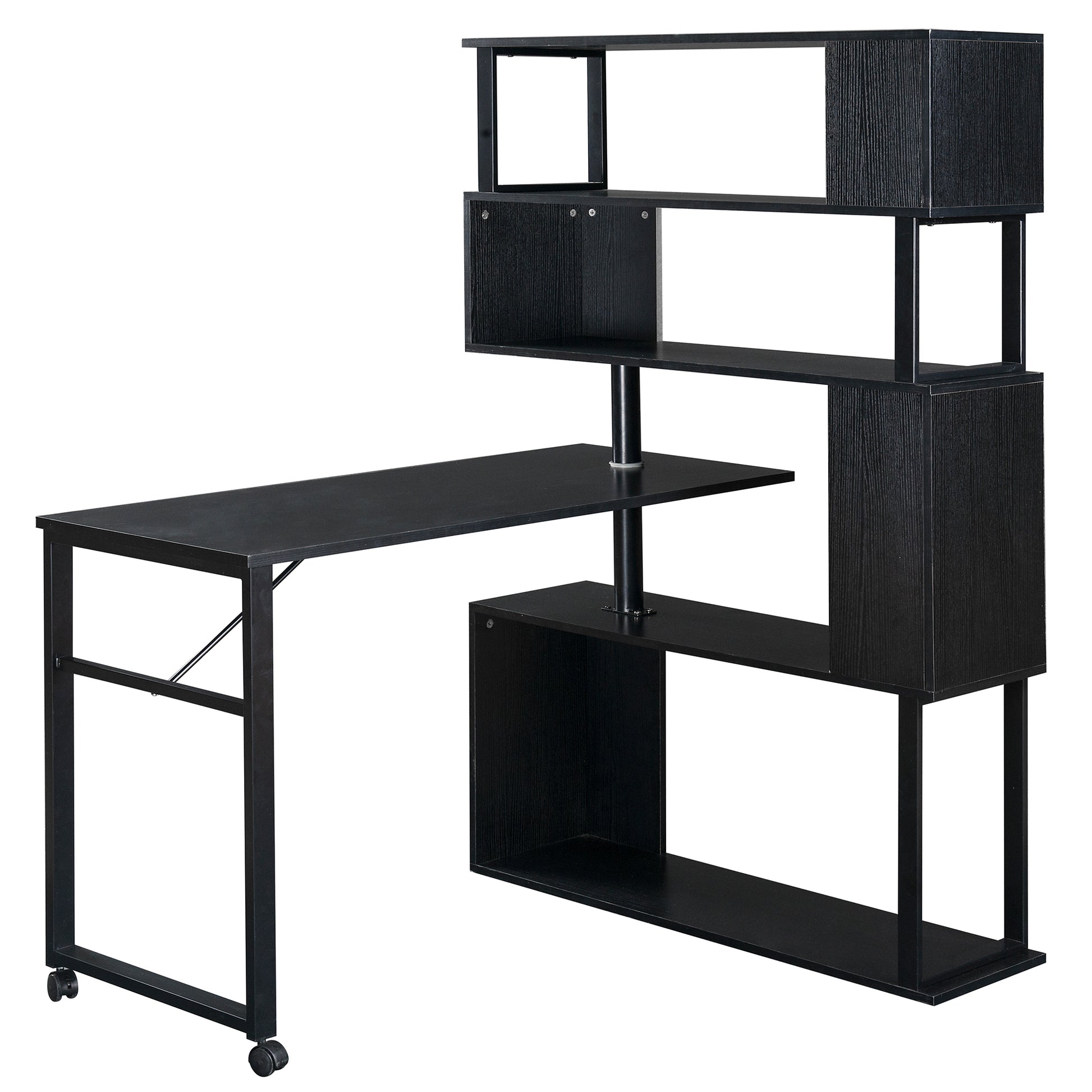 Home Office Computer Desk L-Shaped Corner Table, Rotating Computer Table with 5-Tier Bookshelf, Four Installation Methods, Lockable Casters (Black) - Abrihome