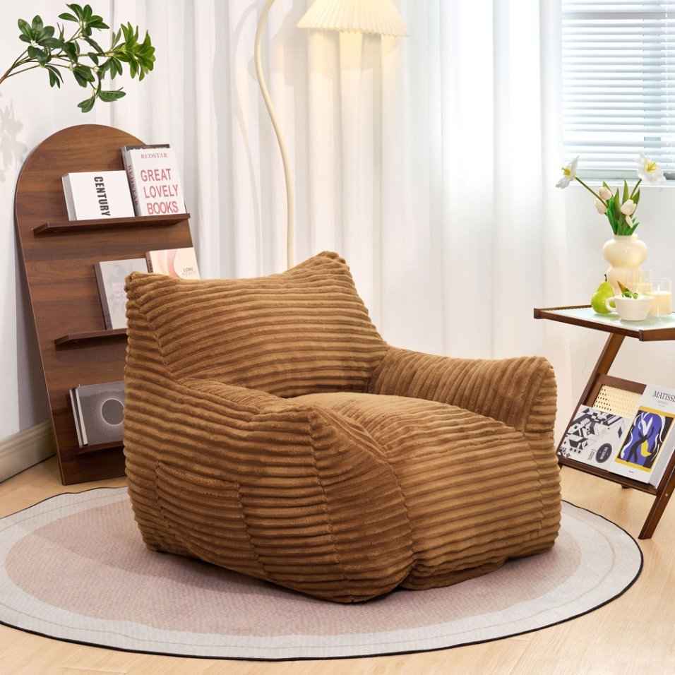 Bean Bag Chair for Adults with Armrests - Oversized Comfy Beige Beanbag Lounge Lazy Floor Sofa Chair for Living Room, Bedroom & Dorm, Cozy Fluffy Single Cloud Mini Couch