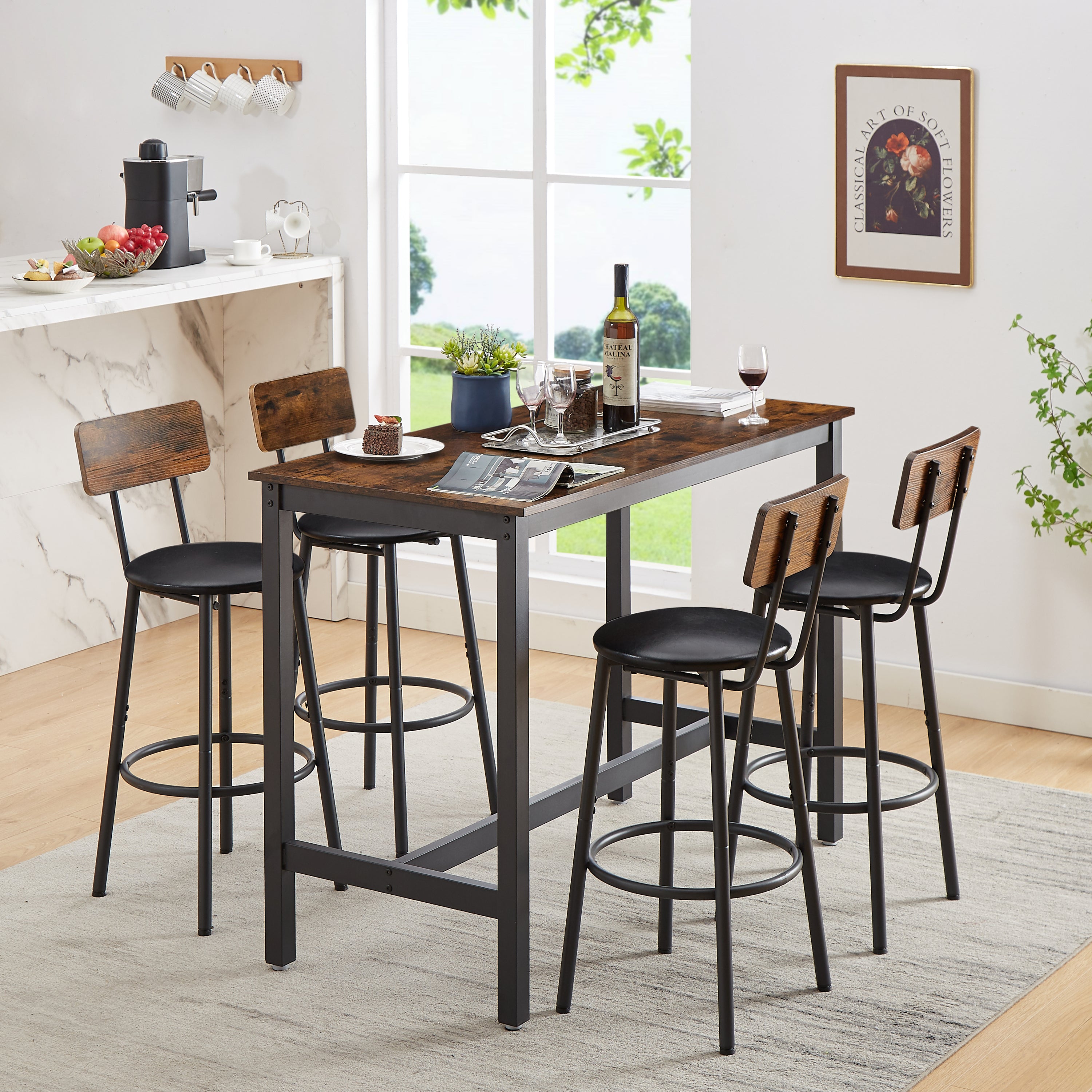 Bar Table Set with 4 Bar stools PU Soft seat with backrest, Rustic Brown, 47.24'' L x 23.62'' W x 35.43'' H