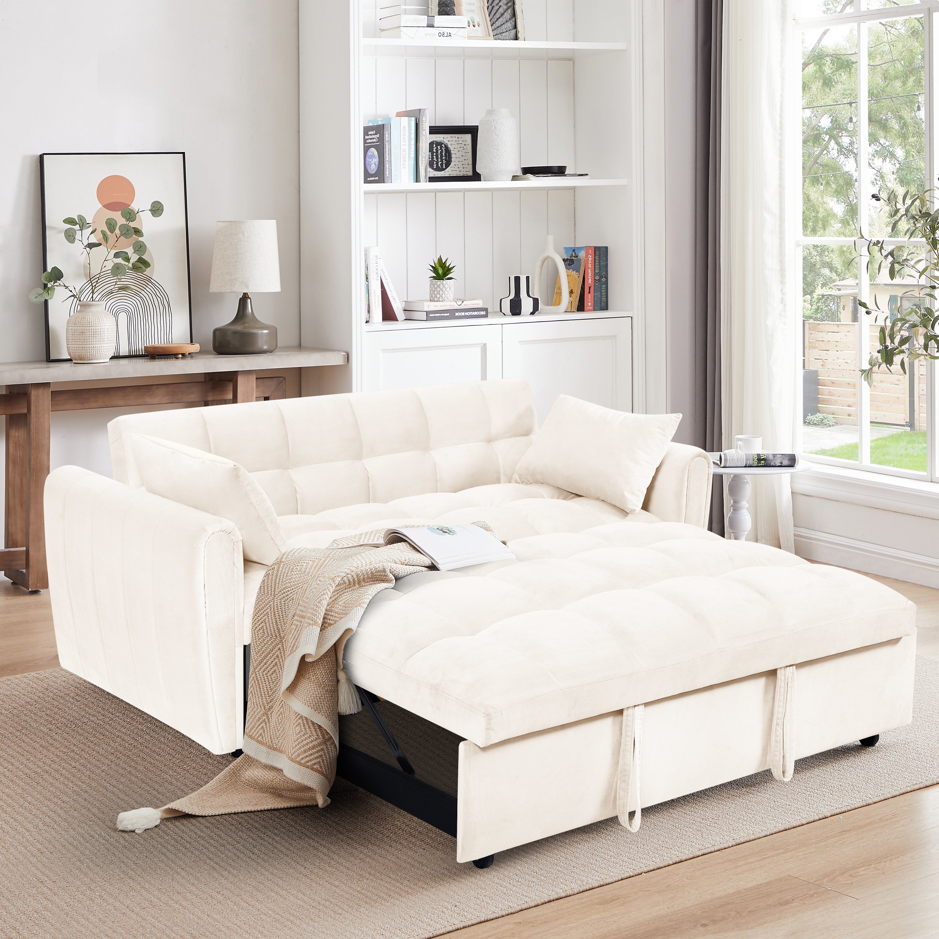 65'3-in-1 foldable large size sofa bed, modern velvet double sofa, sofa bed with adjustable back, storage bag and pillow, suitable for living room, bedroom (beige) - Abrihome