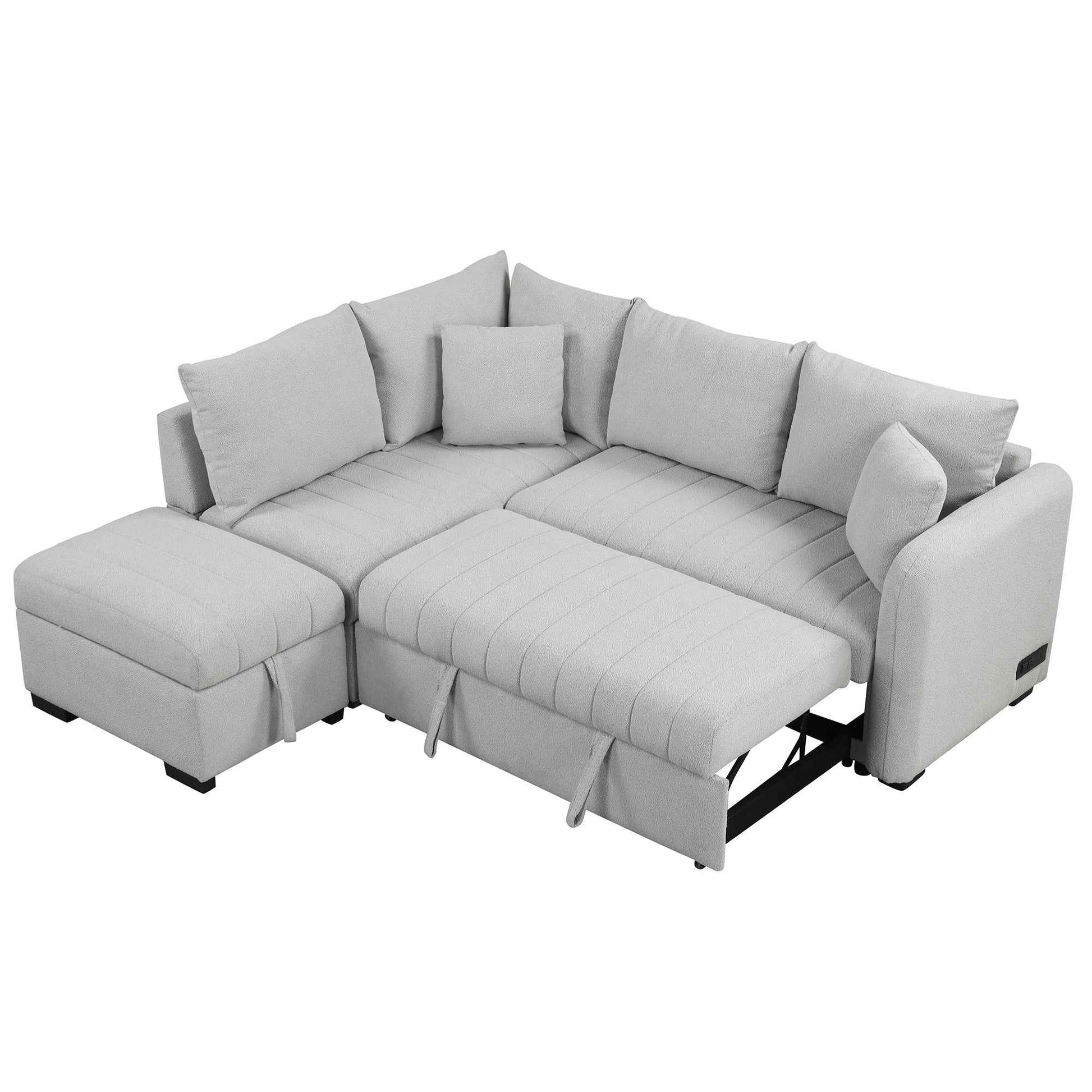 Modern L-shaped Sectional Pull Out Sofa Bed with USB Ports & Storage Ottoman, Gray Jacquard Fabric, 82.6'