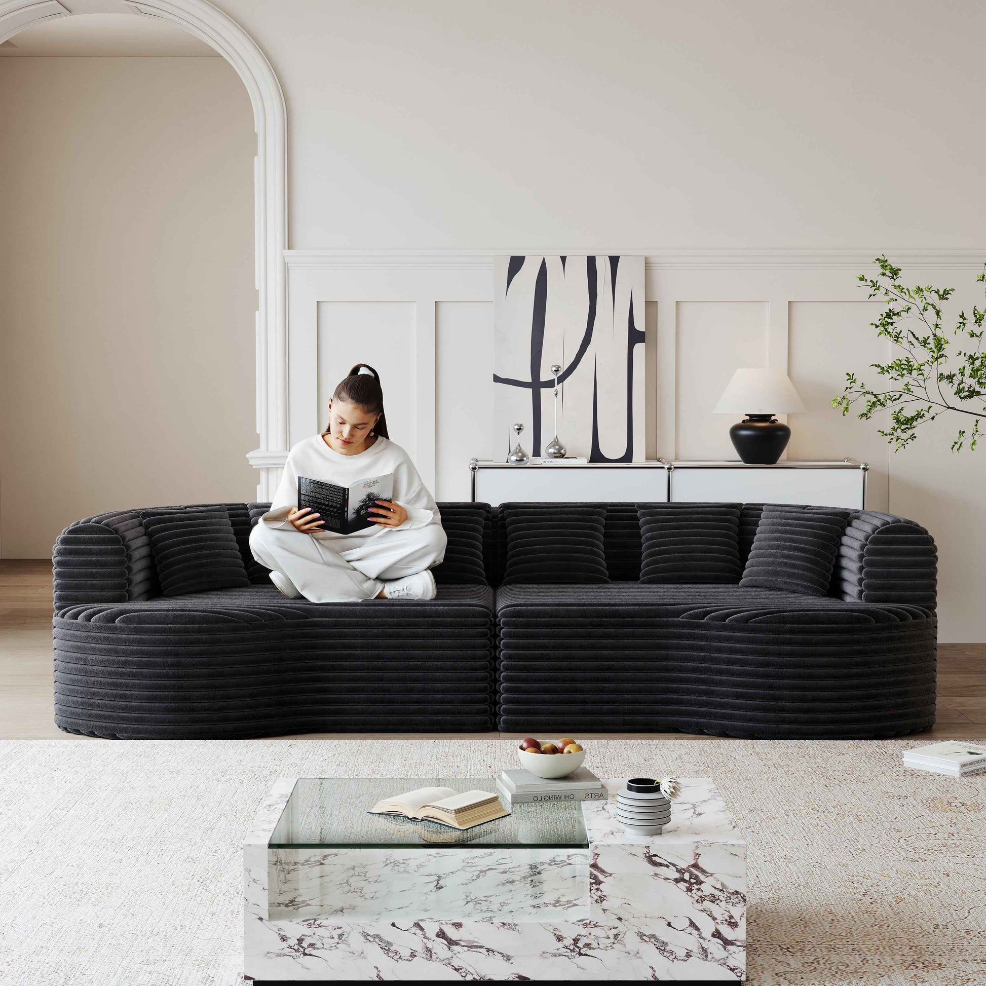 Curved Sectional Sofa, 106.3-inch Oversized Modern Bone-Free Cloud Sofa with 6 Pillows Luxury Corduroy Four-Seater Memory Foam Sofa with Deep Seat Design,black