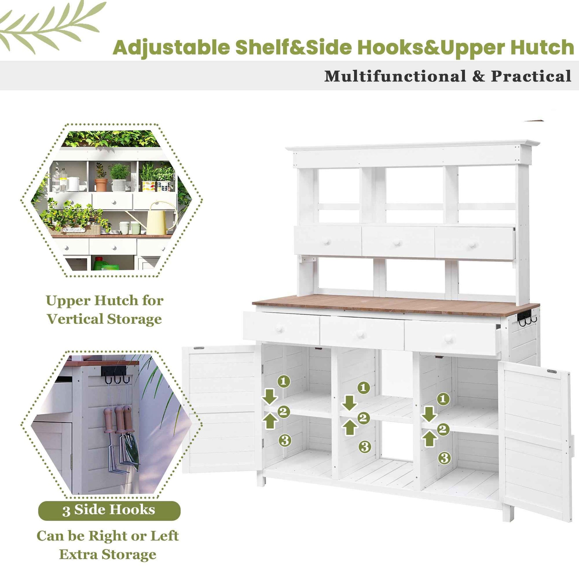 [Assembly Video Provided] TOPMAX 65.7'' H Tall Garden Potting Bench Table with Hutch,Patio Storage Workstation with 3 Shelves,6 Drawers,2 Bottom Cabinets&Side Hooks for Mudroom,Doorway, White