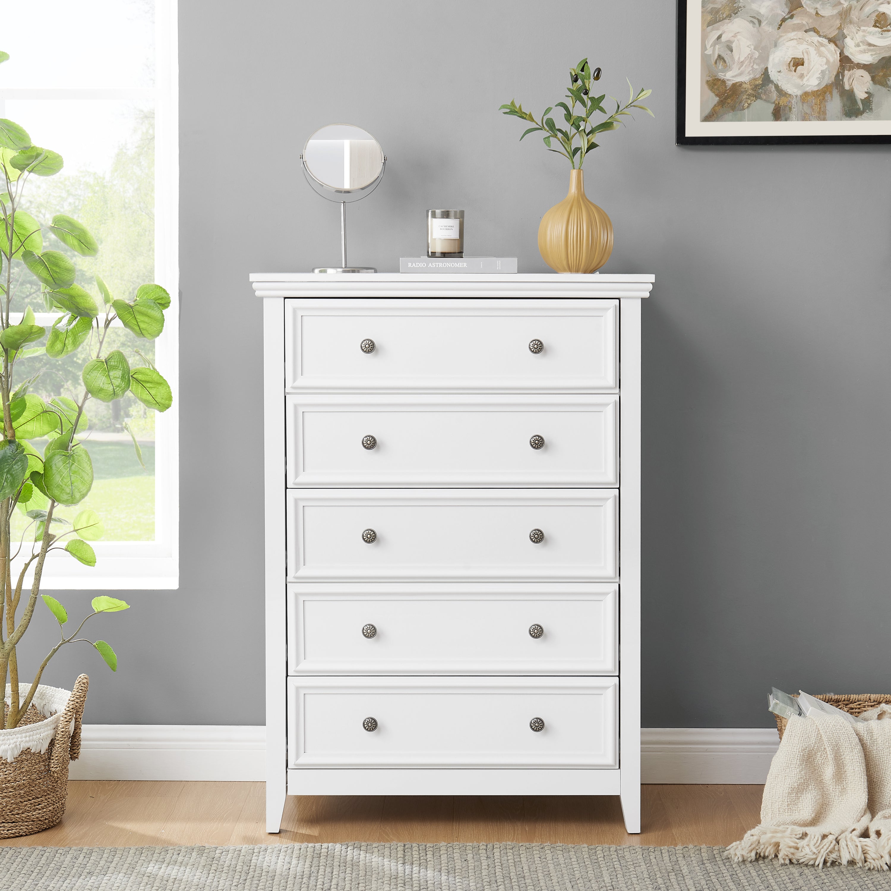Modern 5 Drawers Dresser 5 Drawers Cabinet,Chest of Drawers Closet Organizers and Storage Clothes Storage Drawers Cabinet for Living Room, Farmhouse Dresser Organizer WHITE - Abrihome