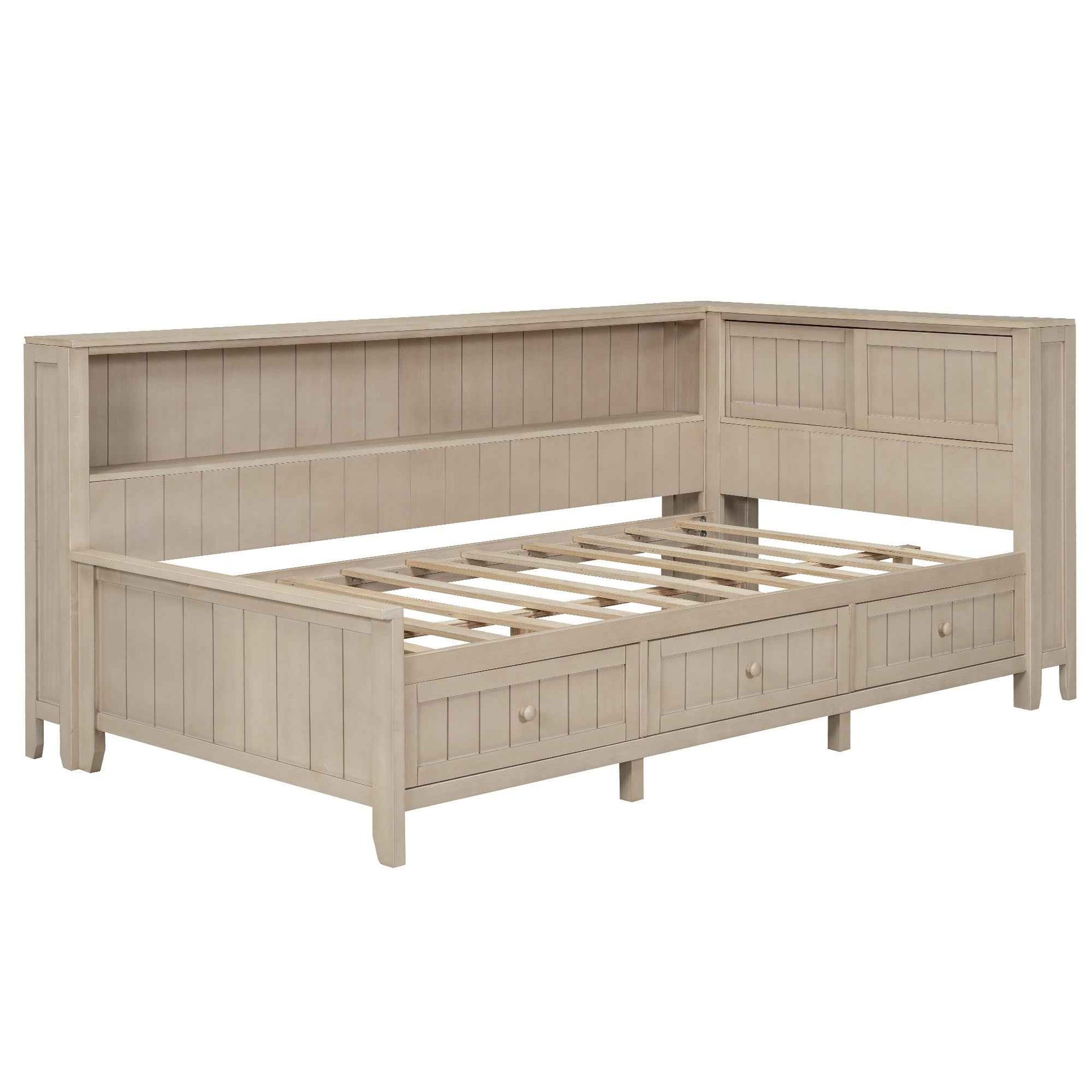 Twin Size Wood Daybed with Storage Shelves and 3 Drawers in Antique White Milk Finish, Solid Pine Wood and MDF