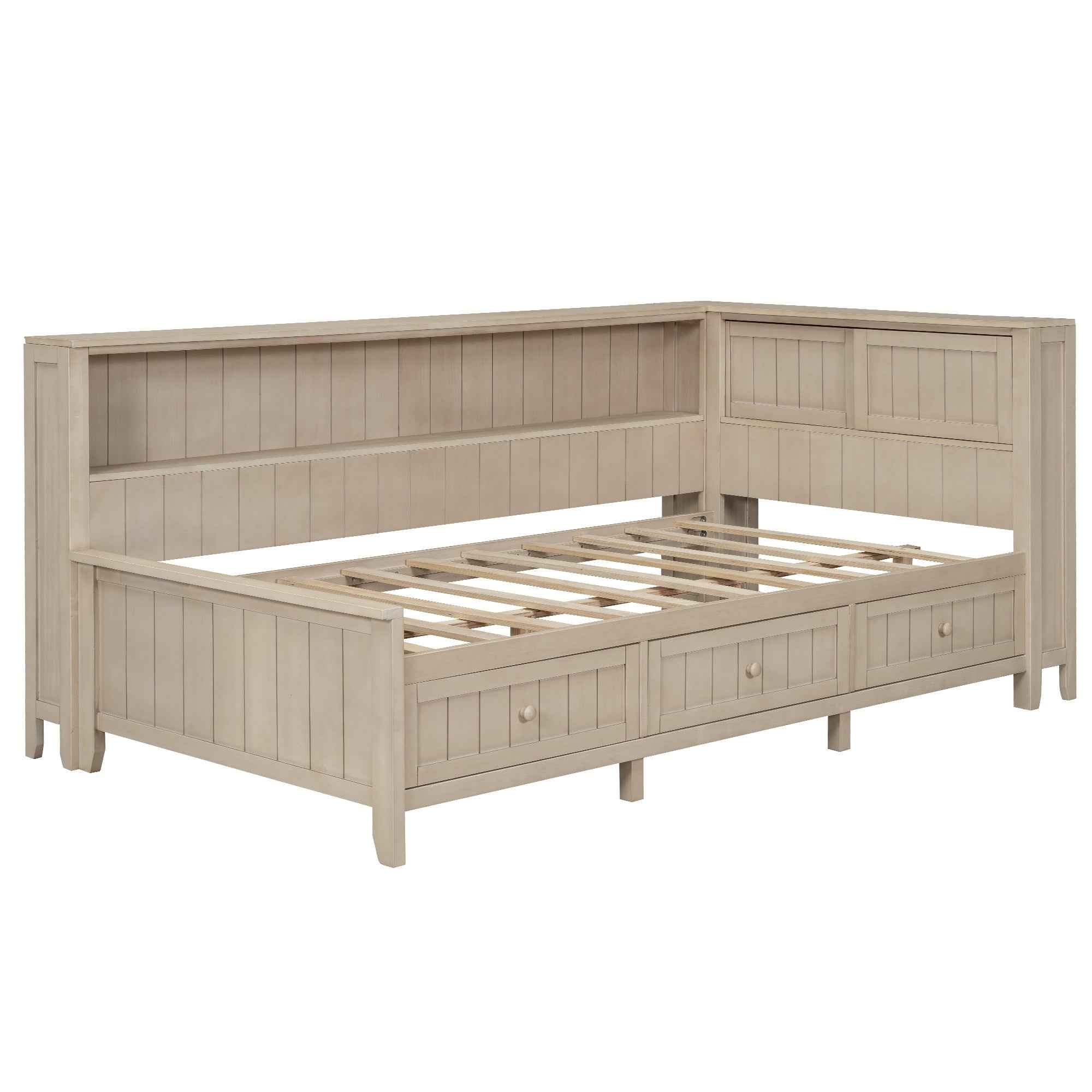 Twin Size Wood Daybed with Storage Shelves and 3 Drawers in Antique White Milk Finish, Solid Pine Wood and MDF