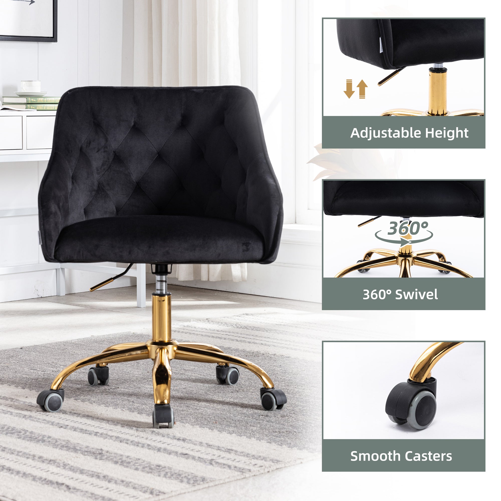 COOLMORE Velvet Home Office Desk Chair, Modern Cute Computer Chair, Wheels Swivel Height Adjustable Swivel Task Chair for Home Office (Black Velvet)