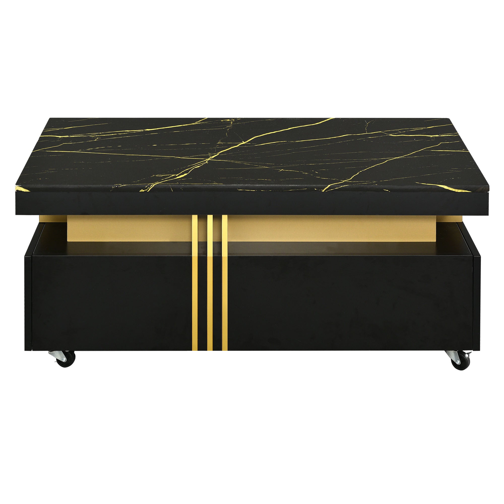 [VIDEO provided] ON-TREND Contemporary Coffee Table with Faux Marble Top, Rectangle Cocktail Table with Caster Wheels, Moderate Luxury Center Table with Gold Metal Bars for Living Room, Black - Abrihome