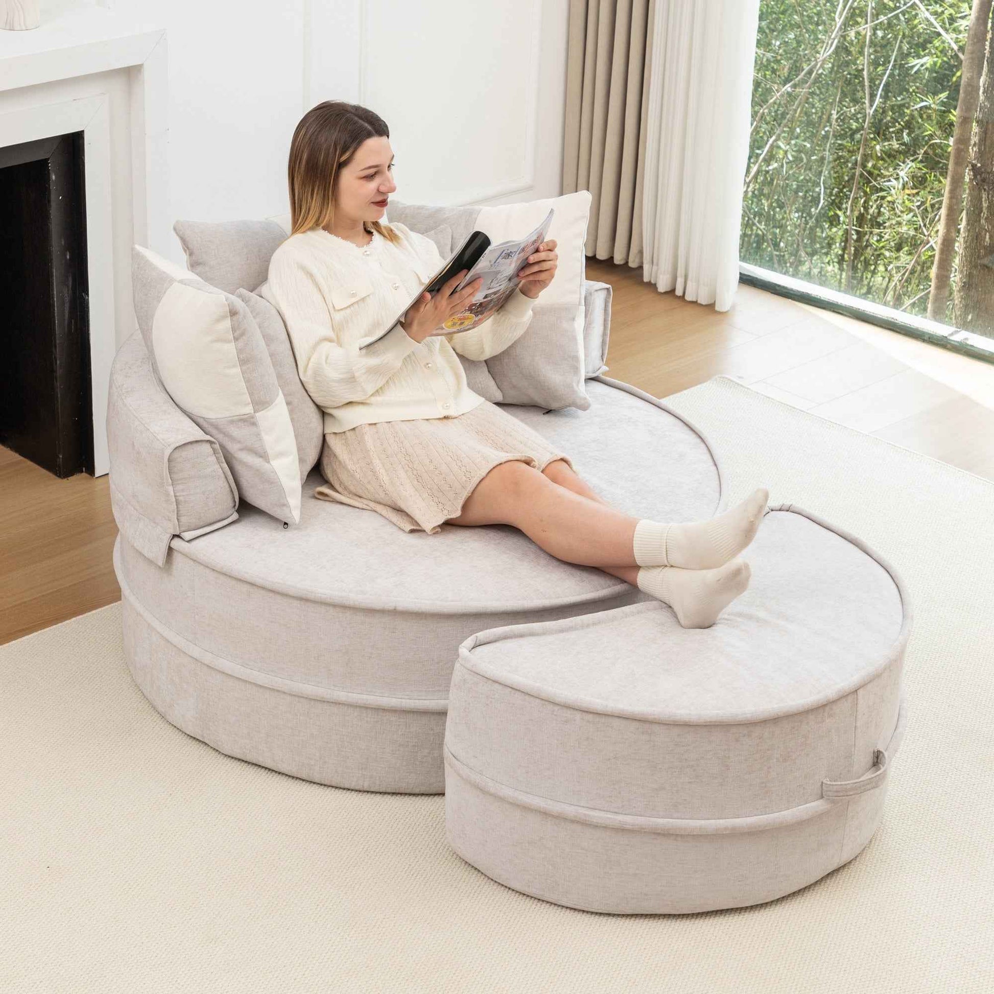 Modern Oversized  Gray Round Barrel Accent Chair with Ottoman – Velvet Upholstered Lounge Armchair with 5 Pillows for Living Room or Bedroom