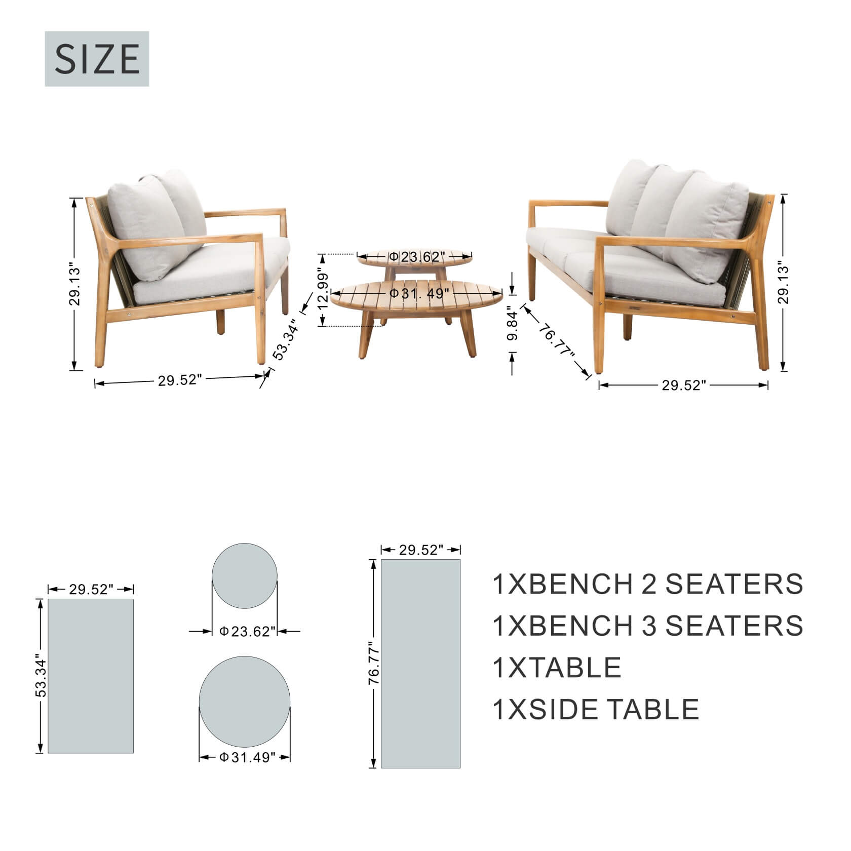 4-Piece Outdoor Furniture Set in Natural Acacia Wood (PAS-2513-3SC+2SC+TA+ST) - Abrihome